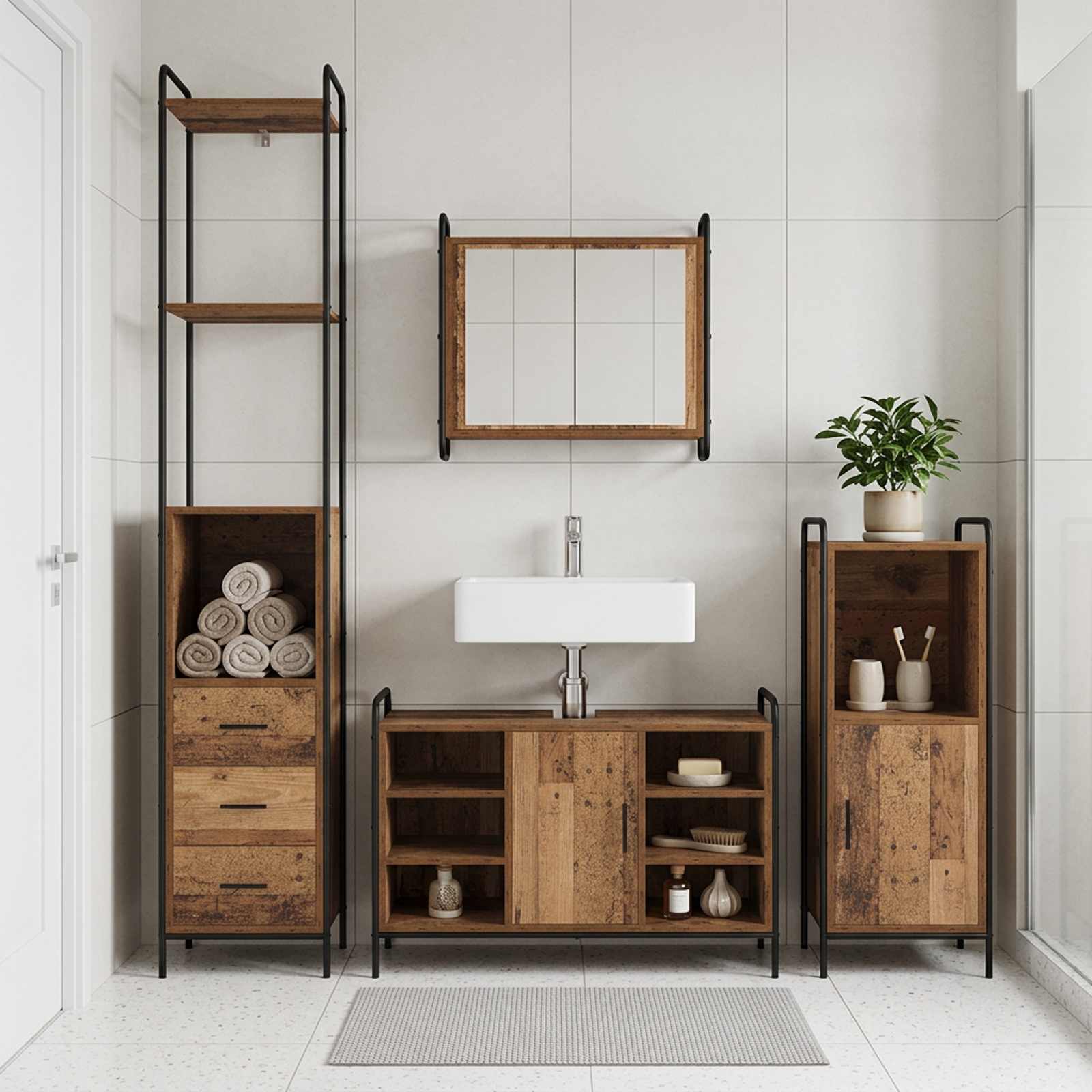 vidaXL Badeværelsesskabsæt 3 stk. Gammelt træ 40 x 36 x 181 cm