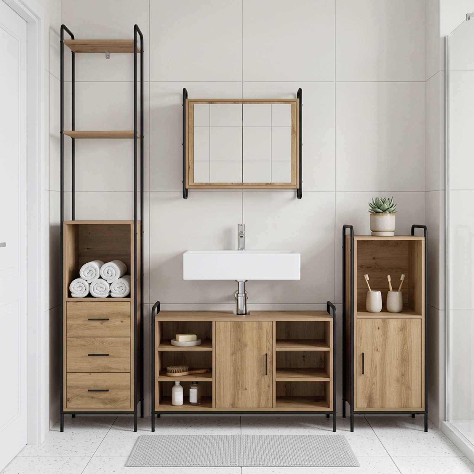 Badkamerkastenset 3 st Artisanaal eiken 40 x 36 x 181 cm