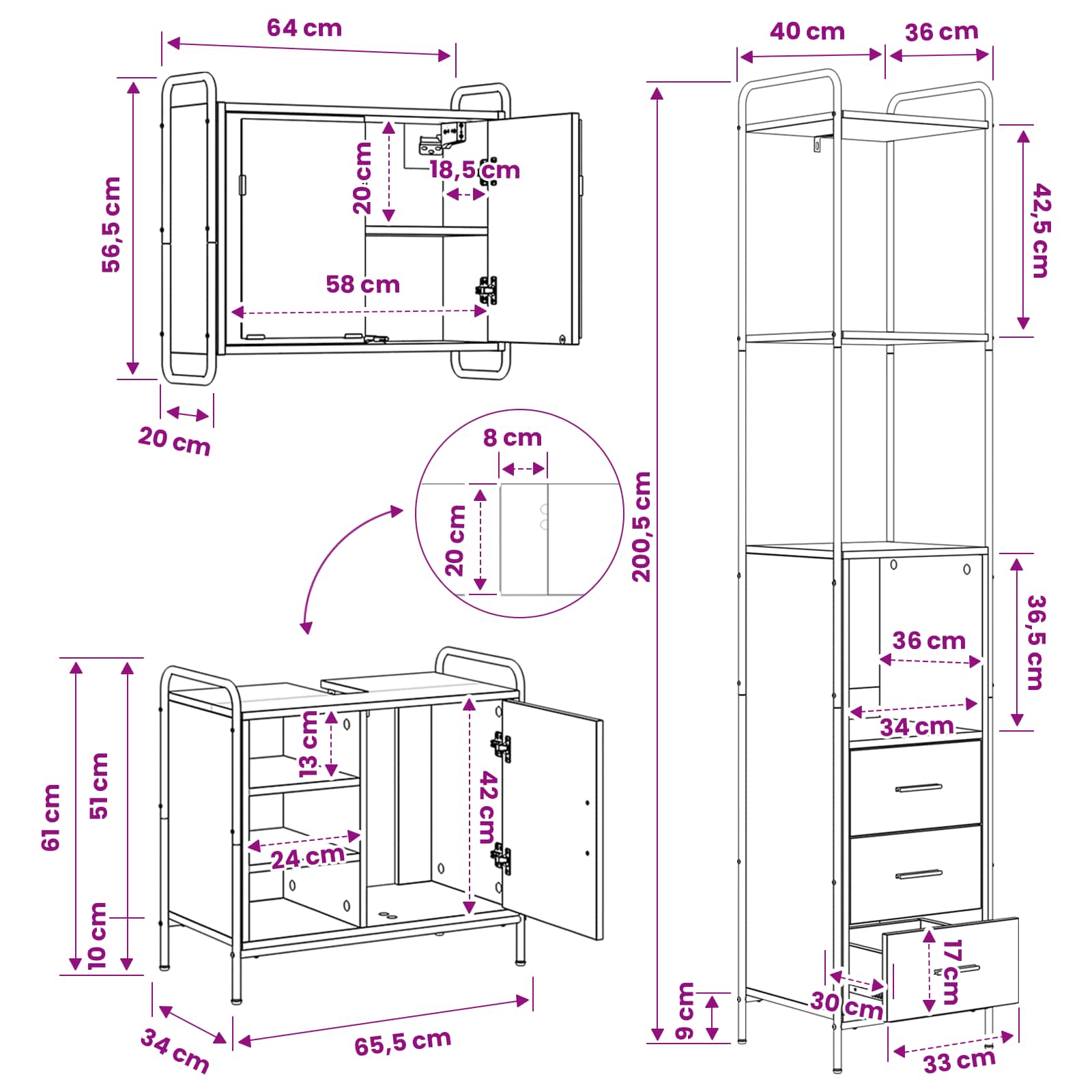 Bathroom Cabinet Set size guide