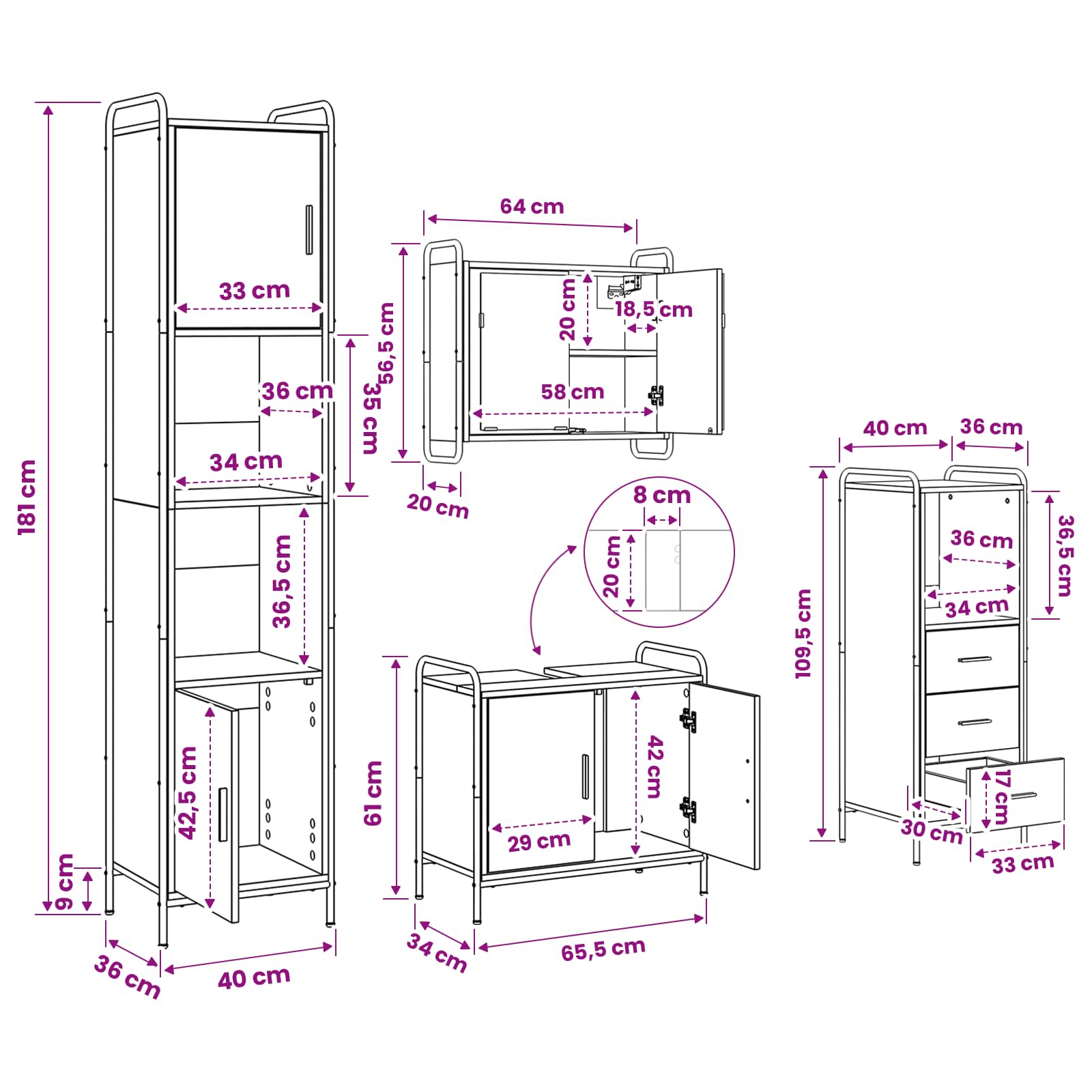 Komplet omaric za kopalnico 4 kos Sonoma hrast 40 x 36 x 181 cm