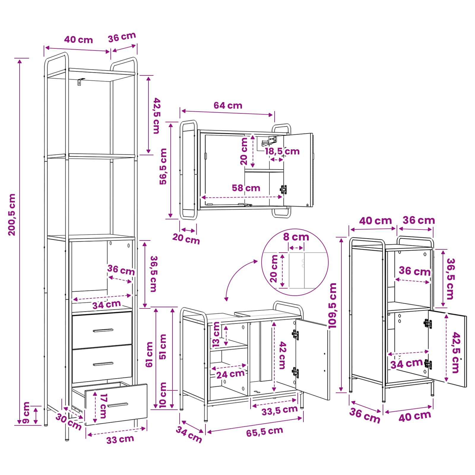 Bathroom Cabinet Set size guide