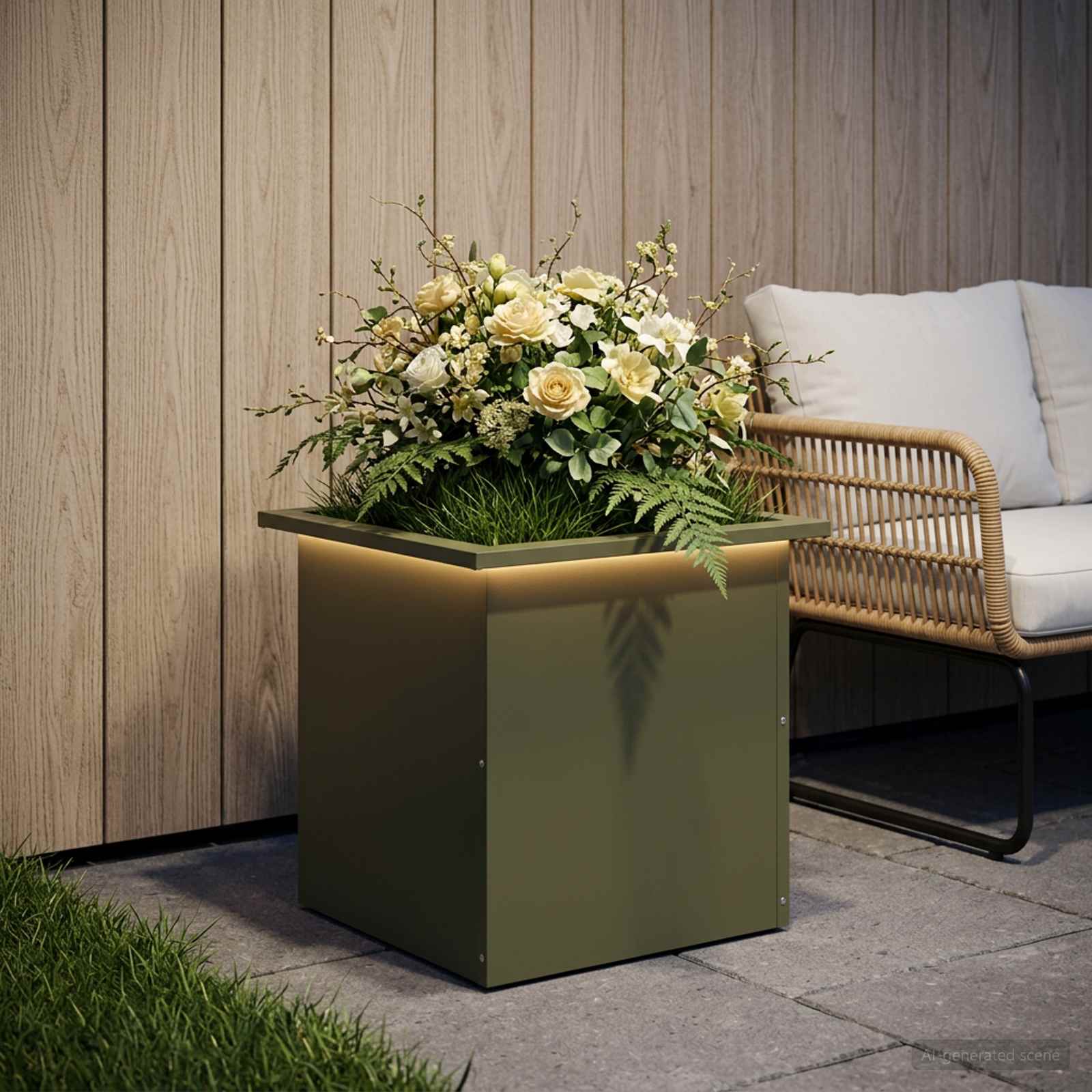 Plantenbak met led Olijfgroen 40 x 40 x 40 cm Staal image 1