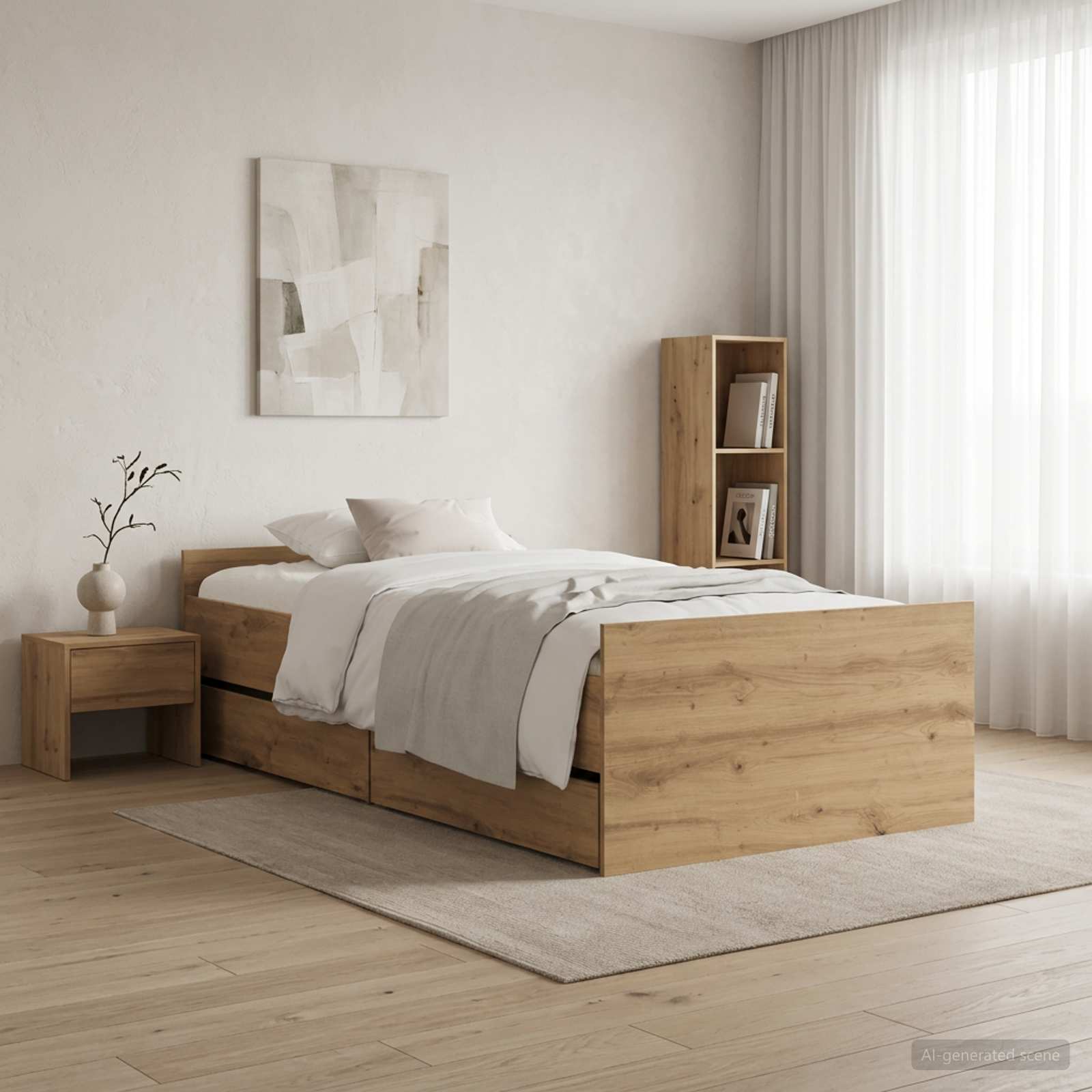 Bedframe Artisanaal eiken 90 x 200 cm Bewerkt hout – afbeelding 1