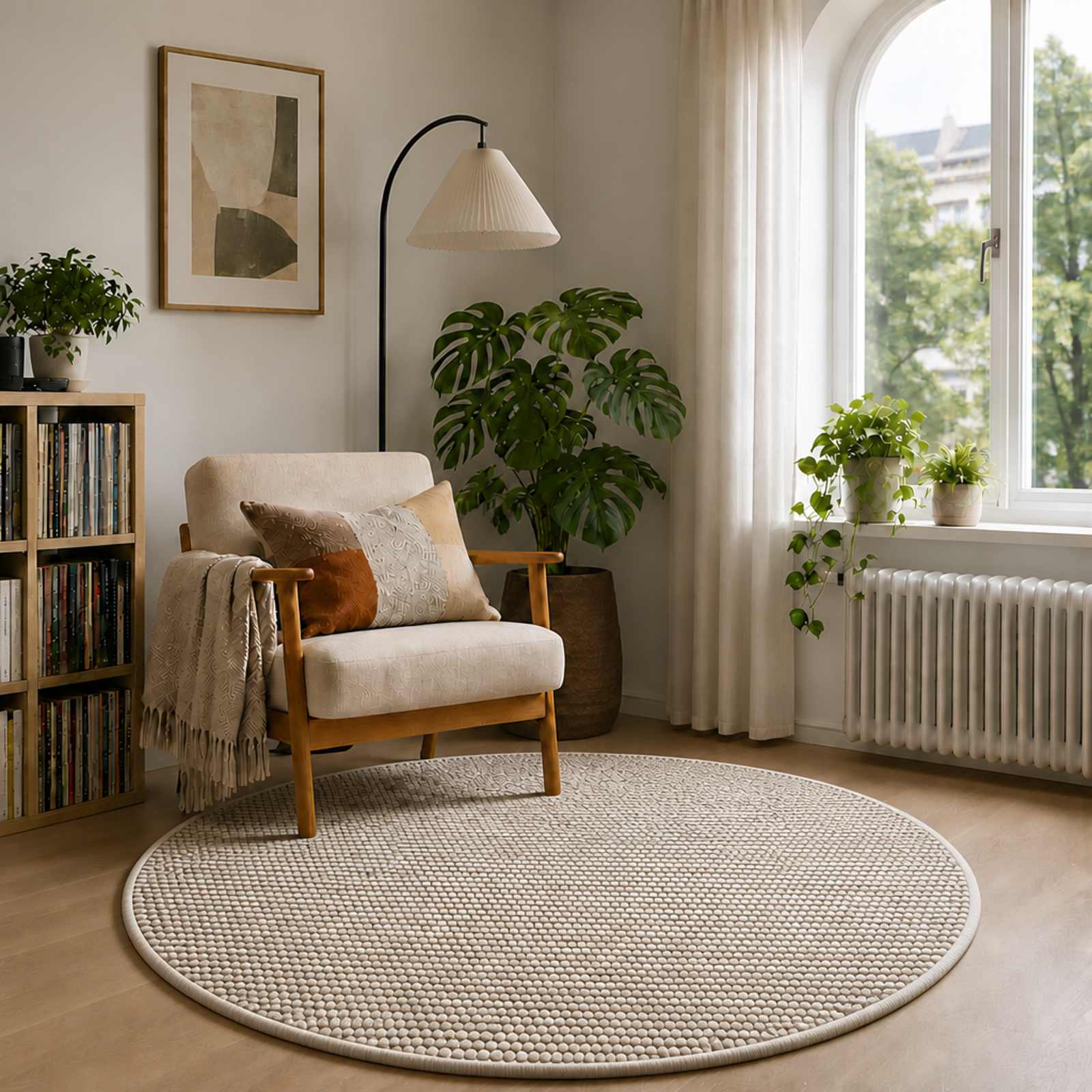 vidaXL Teppich Beige Ø 120 cm 100% Polyester 3 mm Waschbar