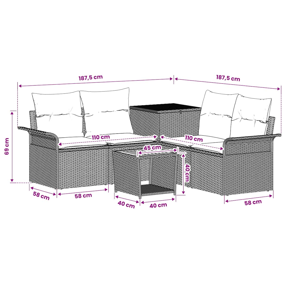 Sofa Sæt 6 stk. Sort 45 x 45 x 40 cm Poly Rattan og Stål - Billede 11