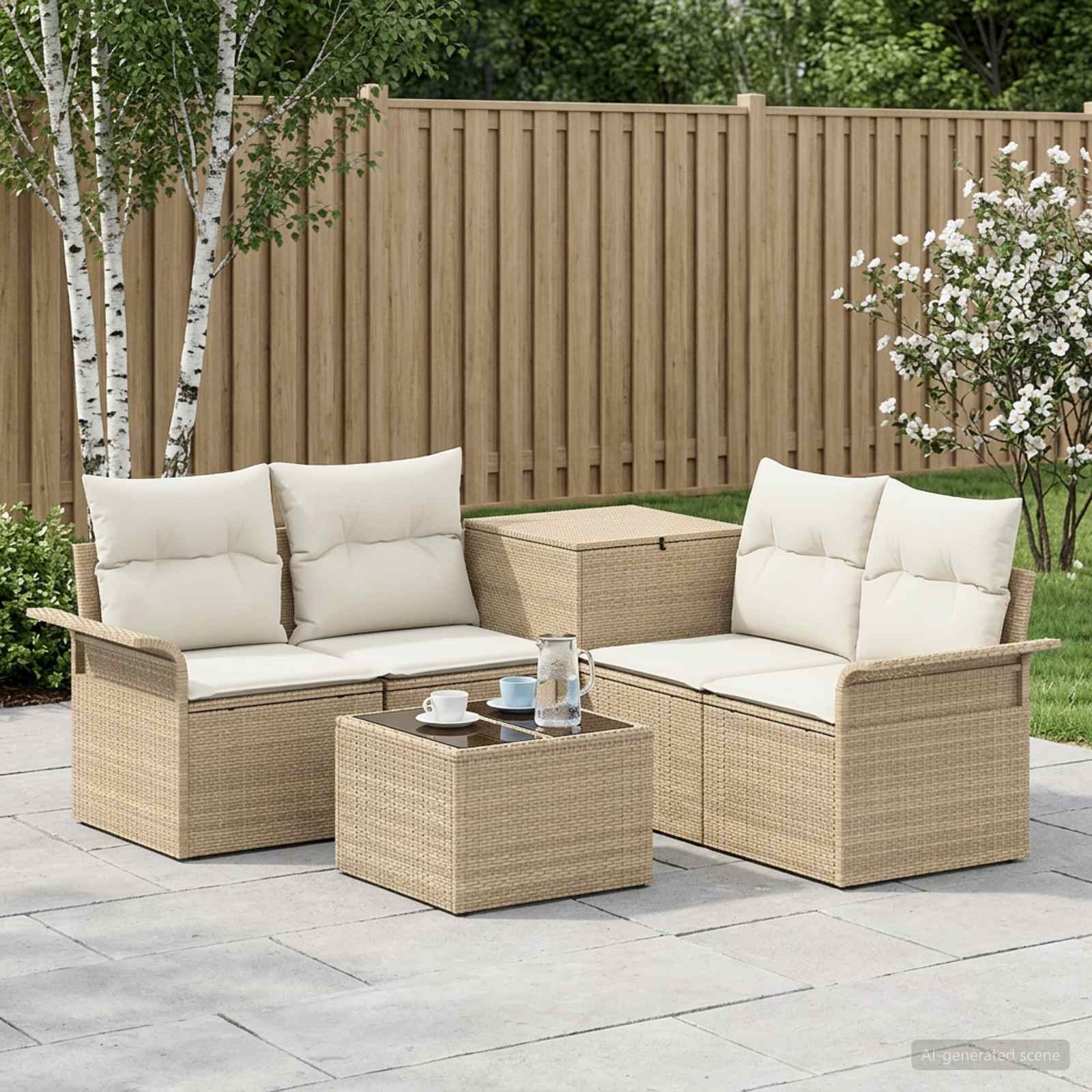 Modulært sofasæt til 4 personer med bord og pudeboks - beige og cremehvid