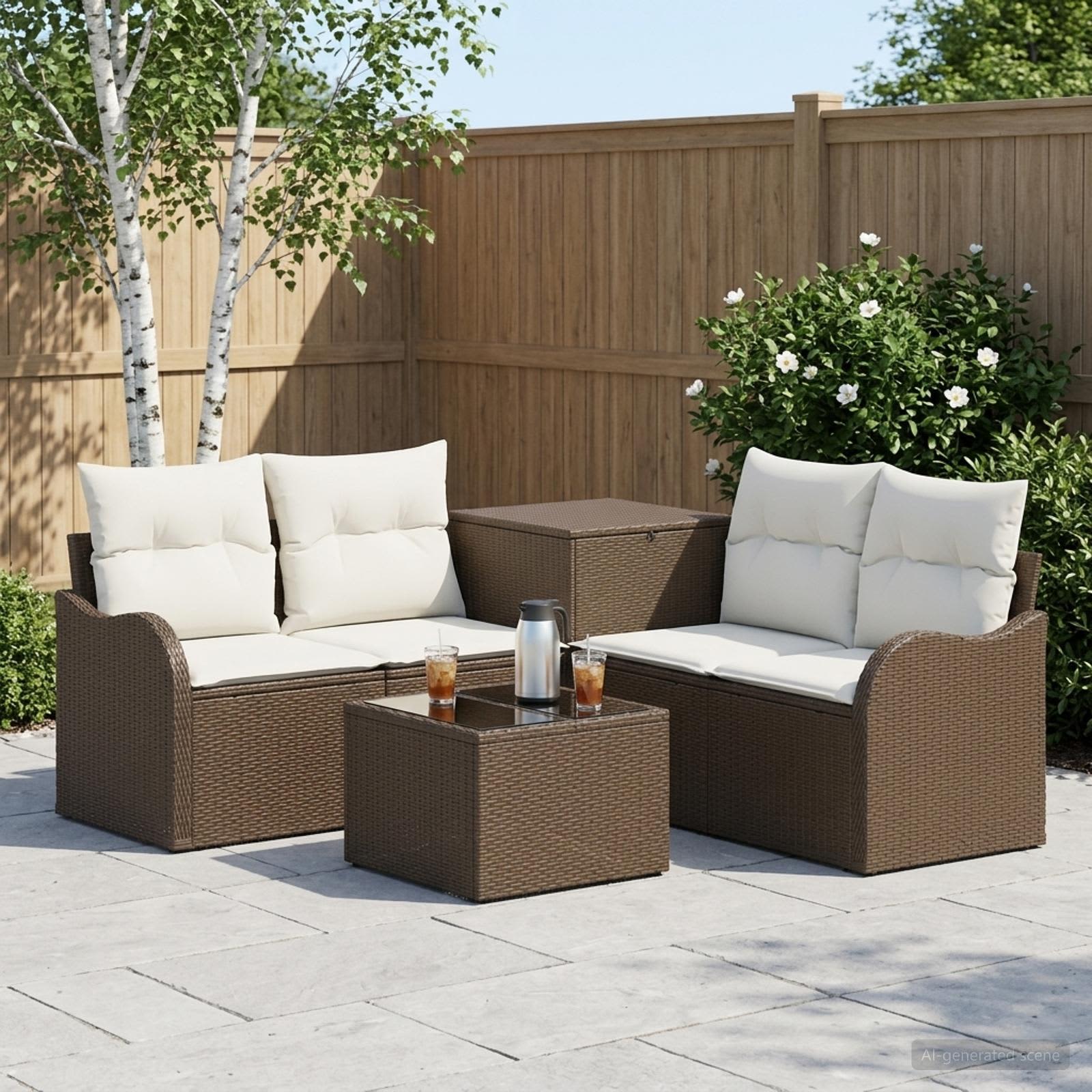 vidaXL Bankstel 6 st Bruin en Crème Wit Poly Rattan en Staal
