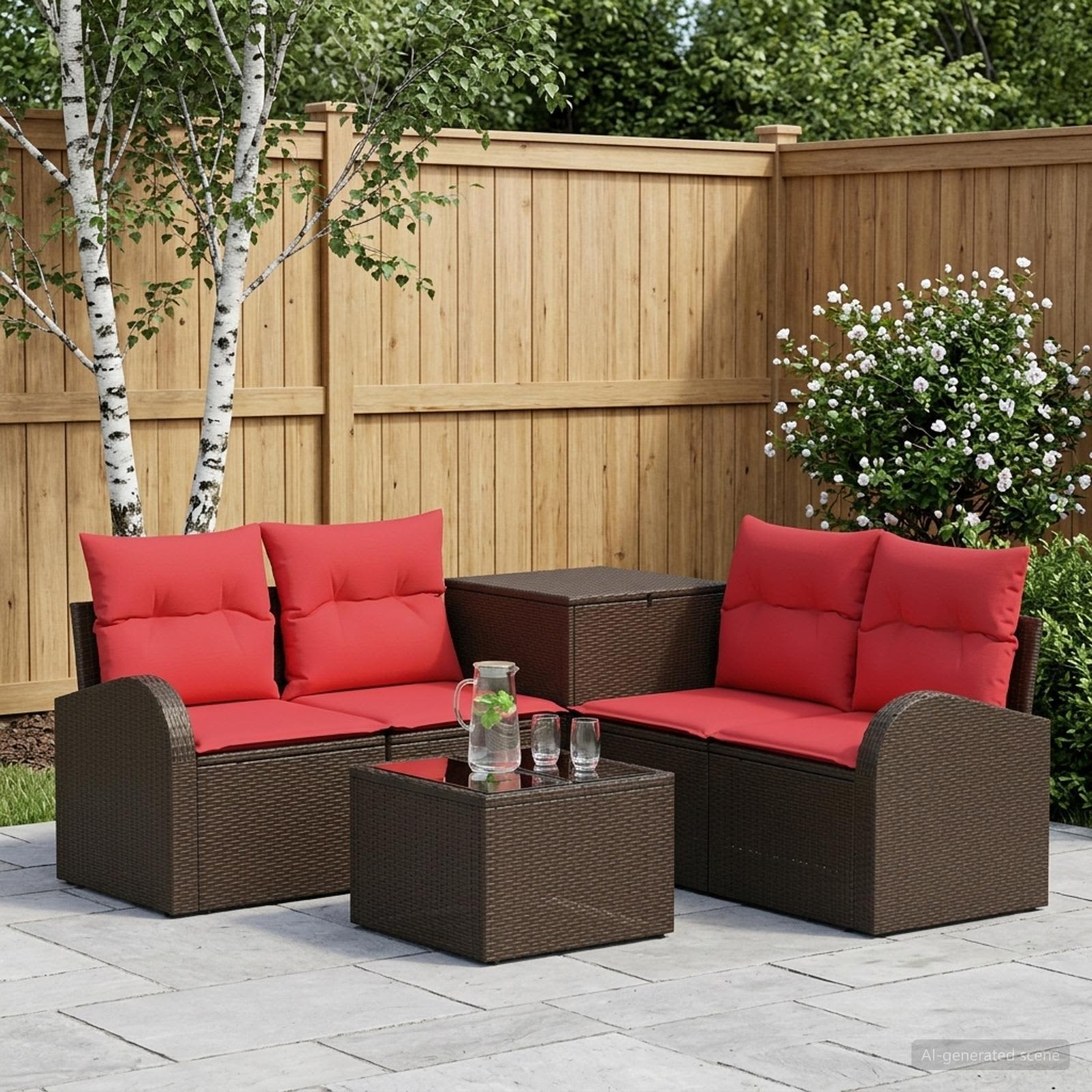 vidaXL Bankstel 6 st Bruin en Rood Poly Rattan en Staal