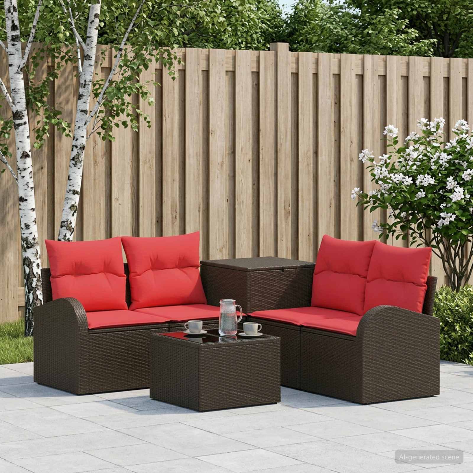 vidaXL Bankstel 6 st Bruin en Rood Poly Rattan en Staal
