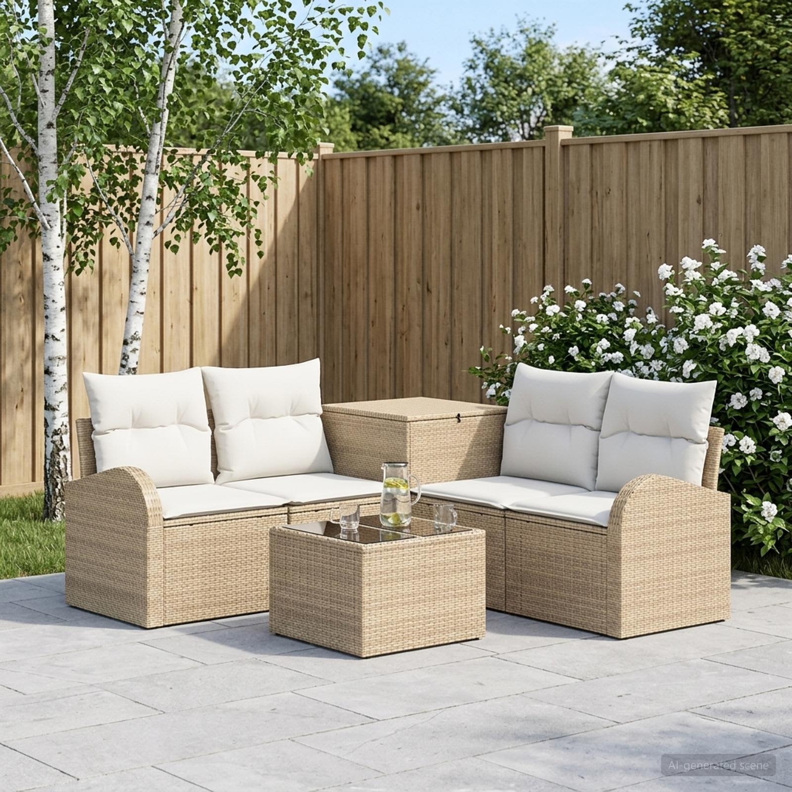Loungesæt i poly rattan til 4 personer - beige og cremehvid