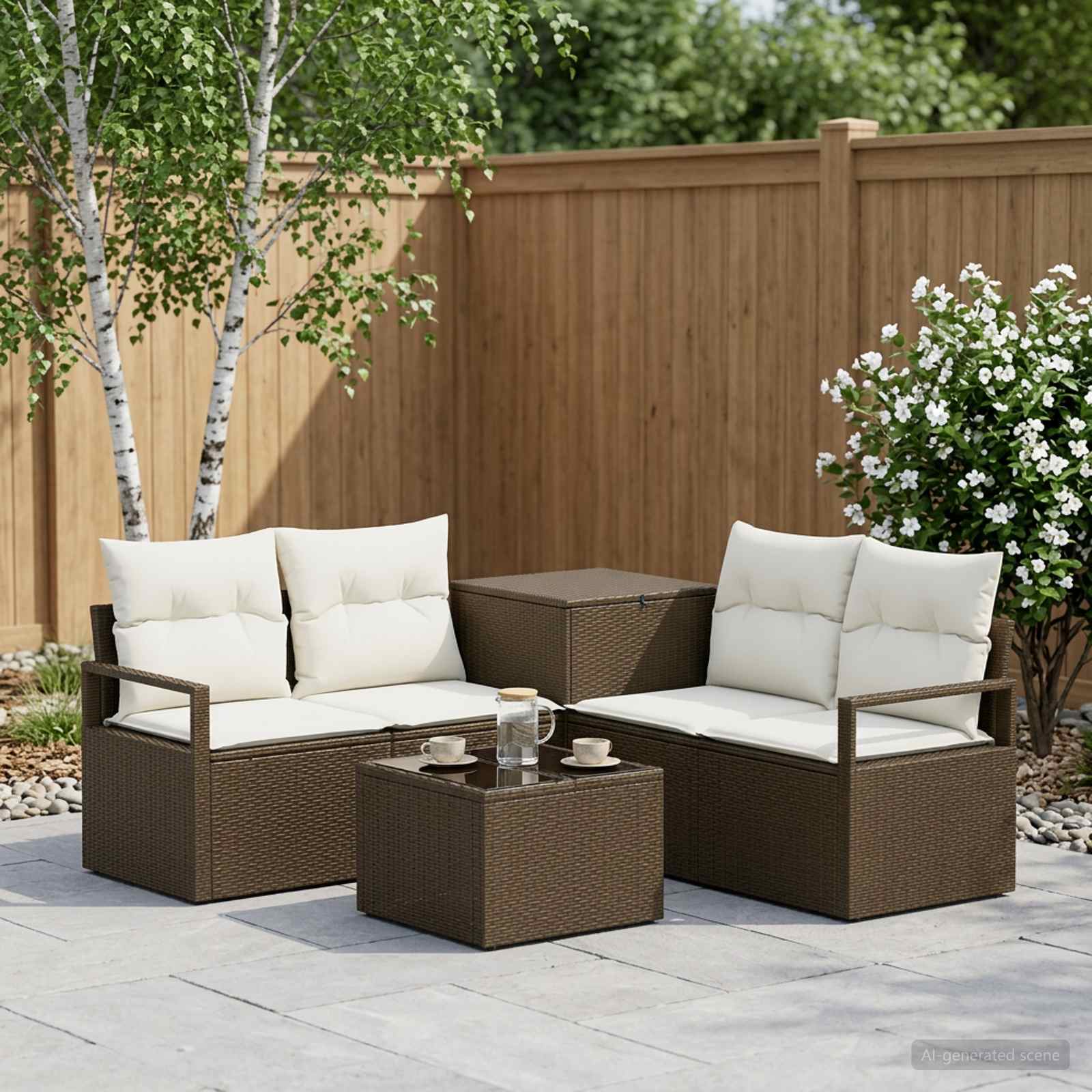vidaXL Bankstel 6 st Bruin en Crème Wit Poly Rattan en Staal