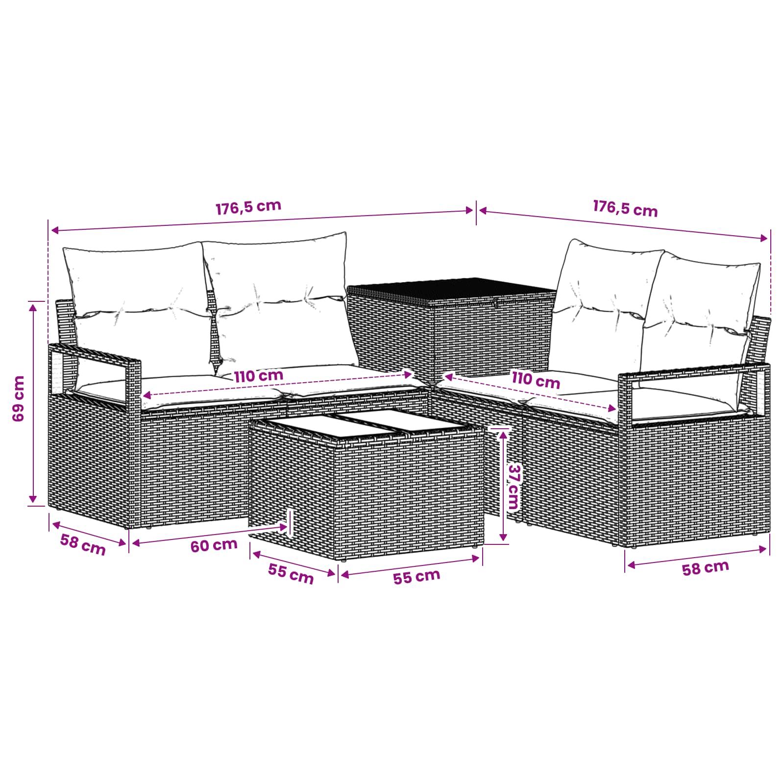 vidaXL Bankstel 6 st Bruin en Crème Wit Poly Rattan en Staal