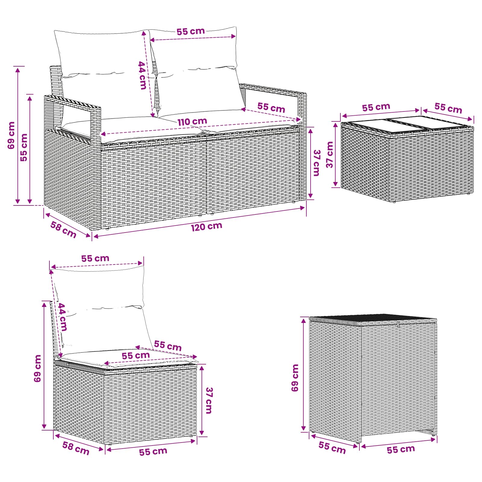 vidaXL Bankstel 6 st Bruin en Crème Wit Poly Rattan en Staal