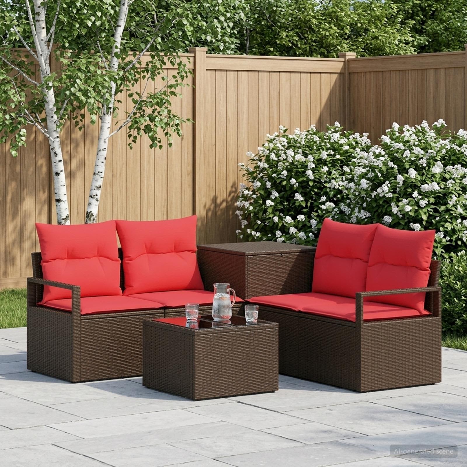 vidaXL Bankstel 6 st Bruin en Rood Poly Rattan en Staal