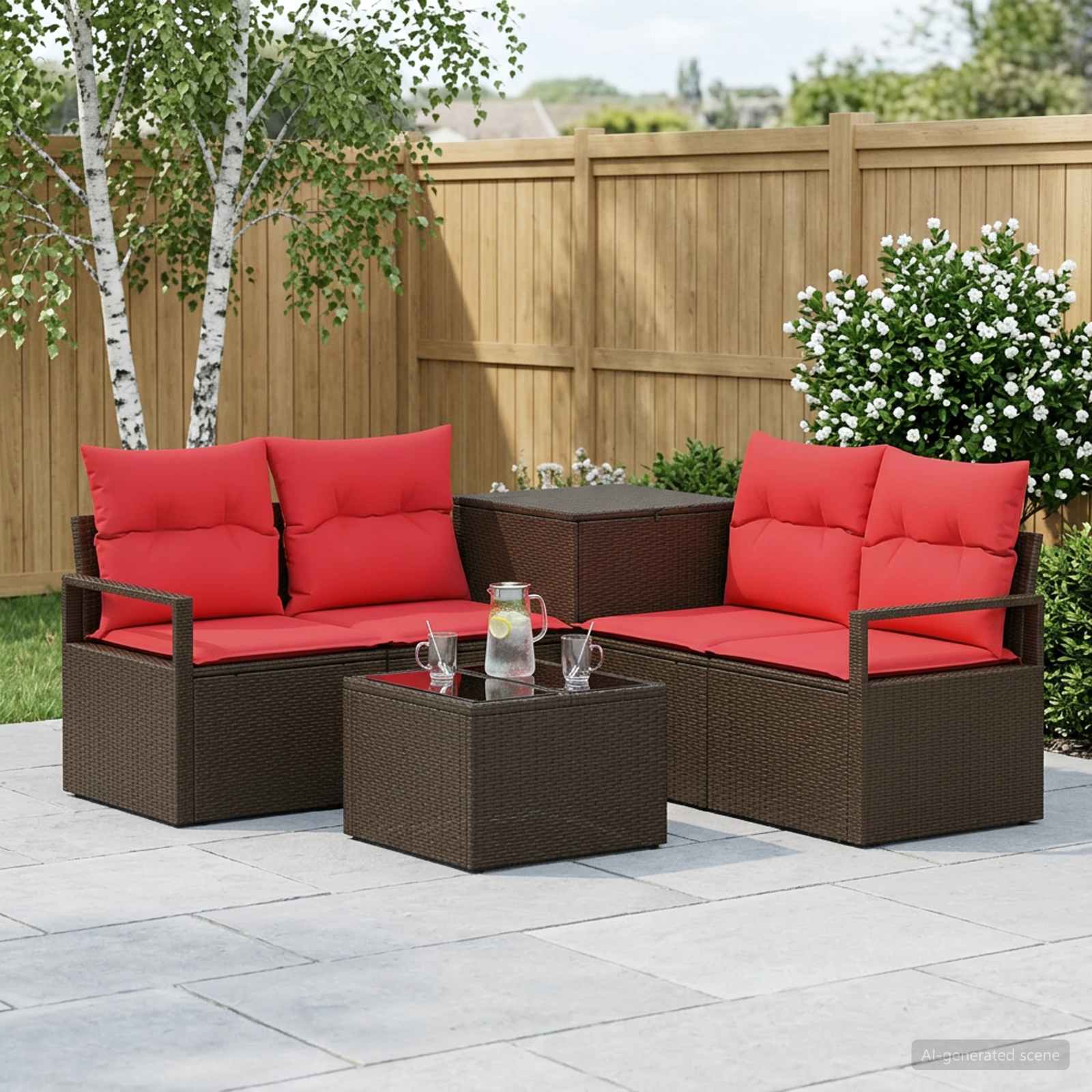 vidaXL Bankstel 6 st Bruin en Rood Poly Rattan en Staal
