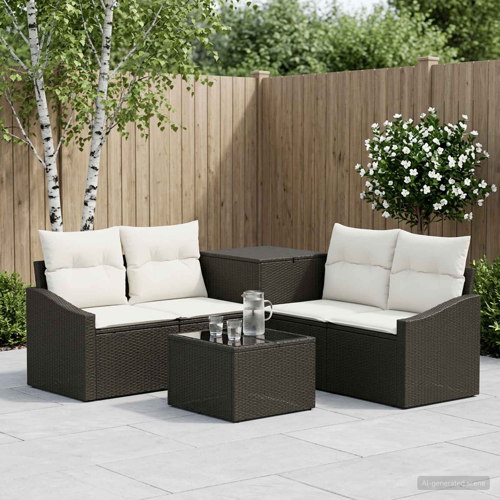 Sofa sæt 6 stk. til have og terrasse i sort og cremehvid poly rattan og stål