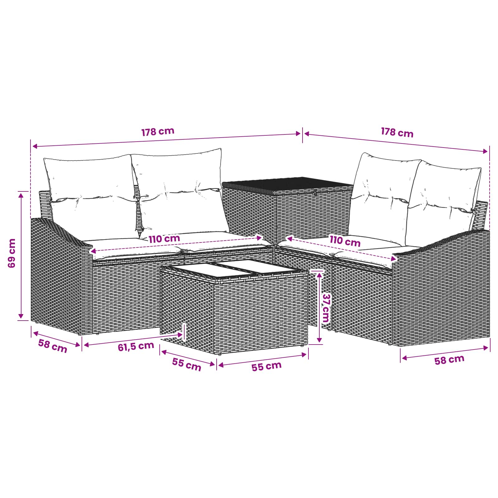 vidaXL Bankstel 6 st Bruin en Rood Poly Rattan en Staal