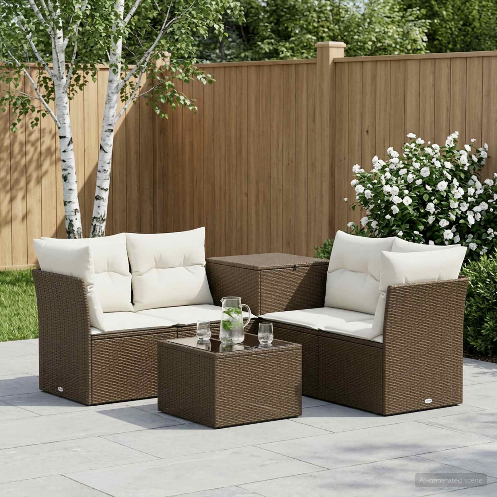 vidaXL Bankstel 6 st Bruin en Crème Wit Poly Rattan en Staal