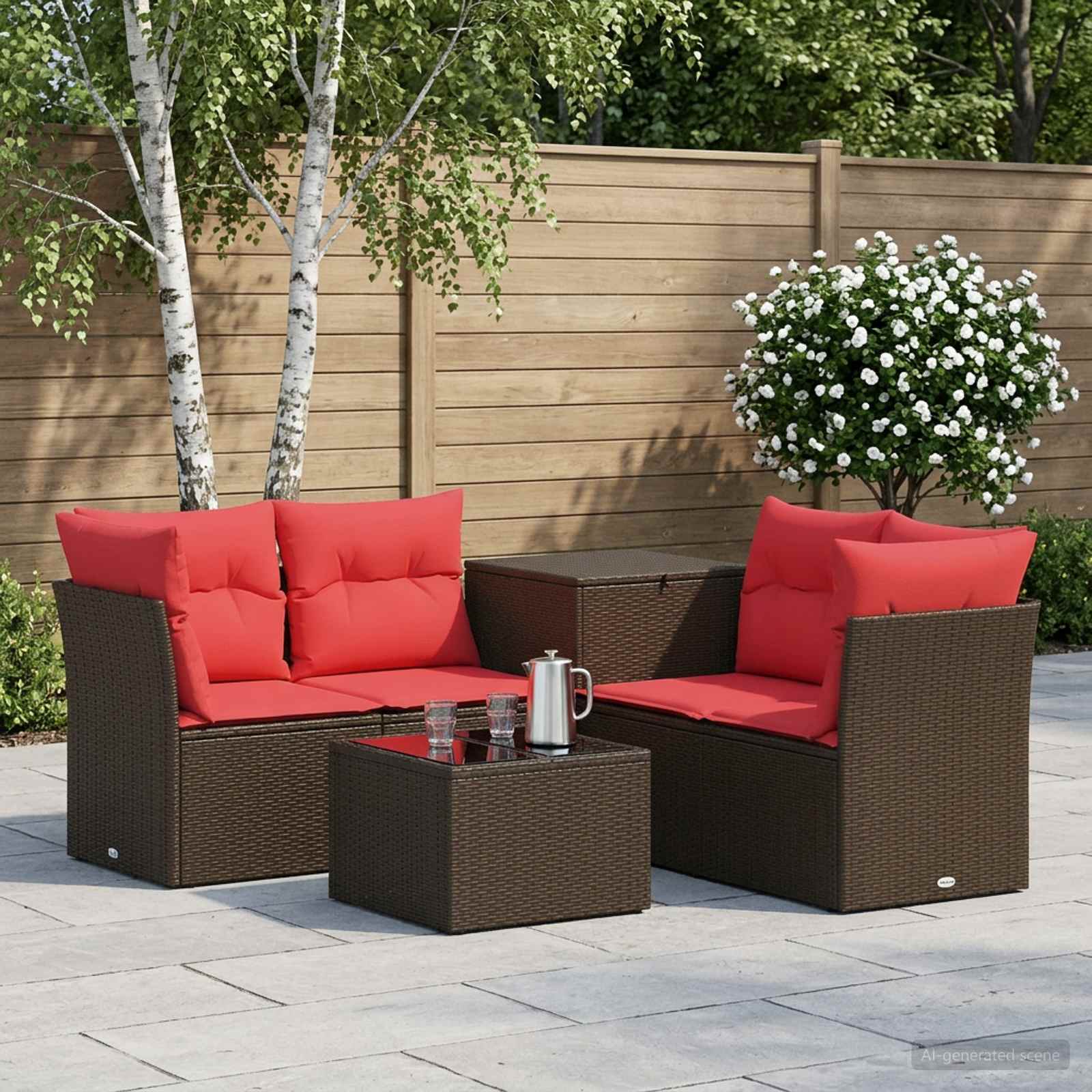 vidaXL Bankstel 6 st Bruin en Rood Poly Rattan en Staal