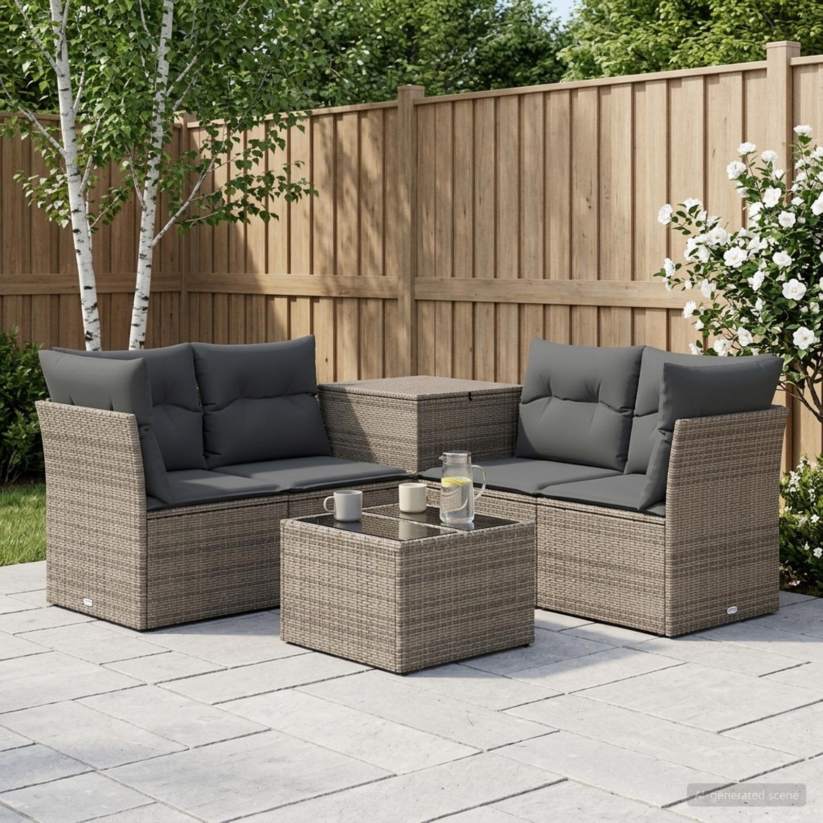 Havesofasæt i polyrattan 6 stk. med hyndeboks - grå/mørkegrå