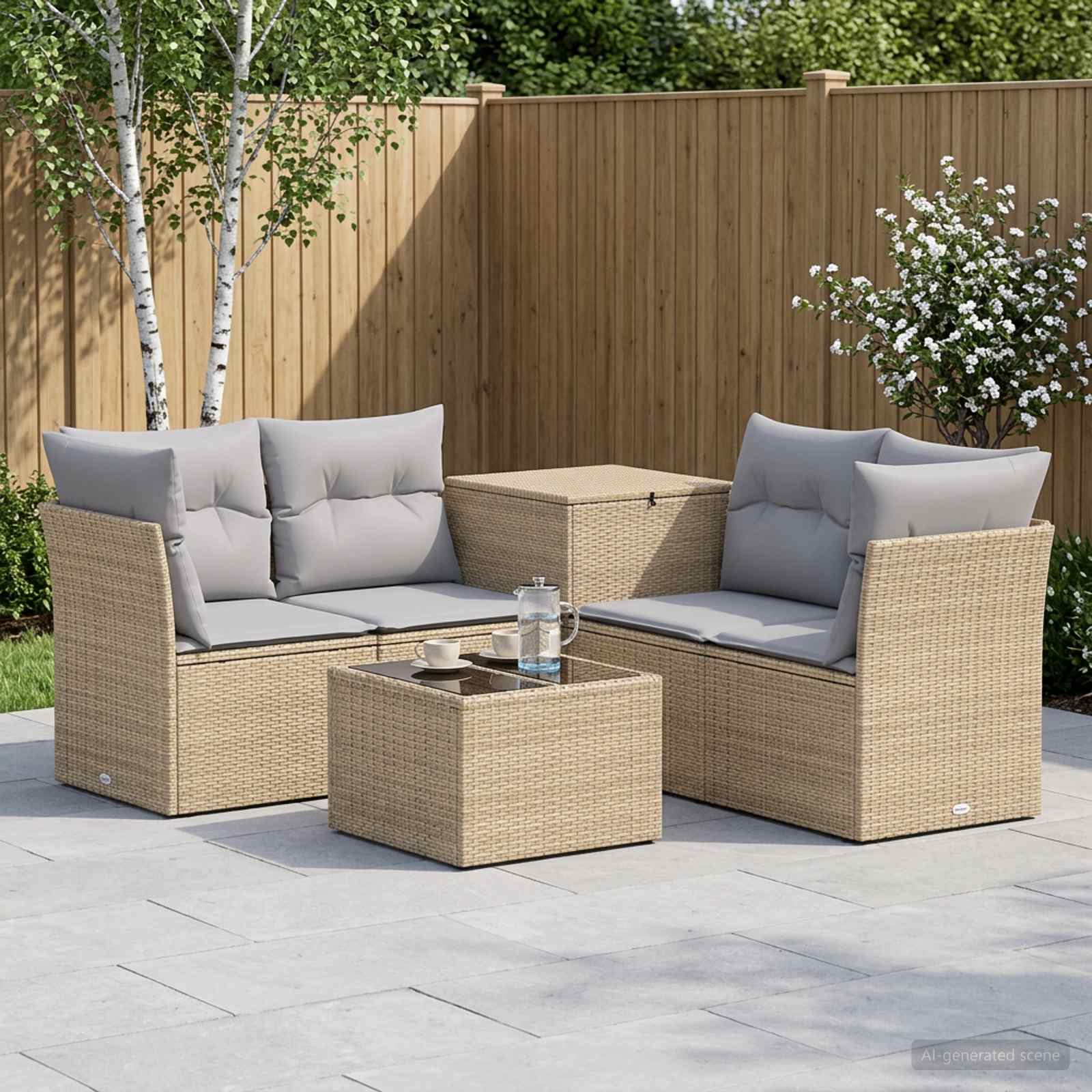 Havesofasæt i poly rattan med opbevaring - beige og lys grå