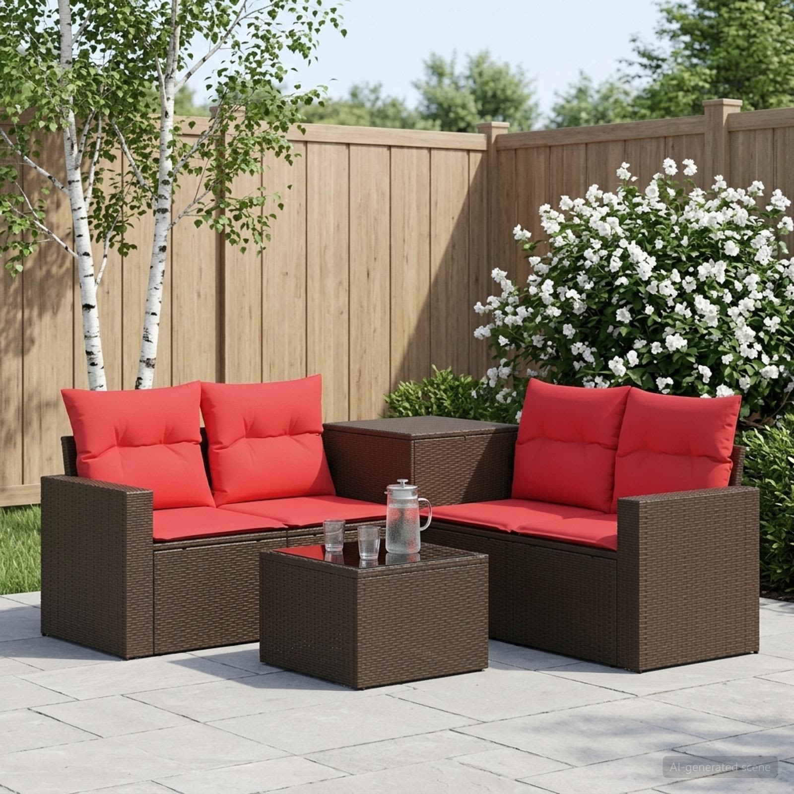 vidaXL Bankstel 6 st Bruin en Rood Poly Rattan en Staal