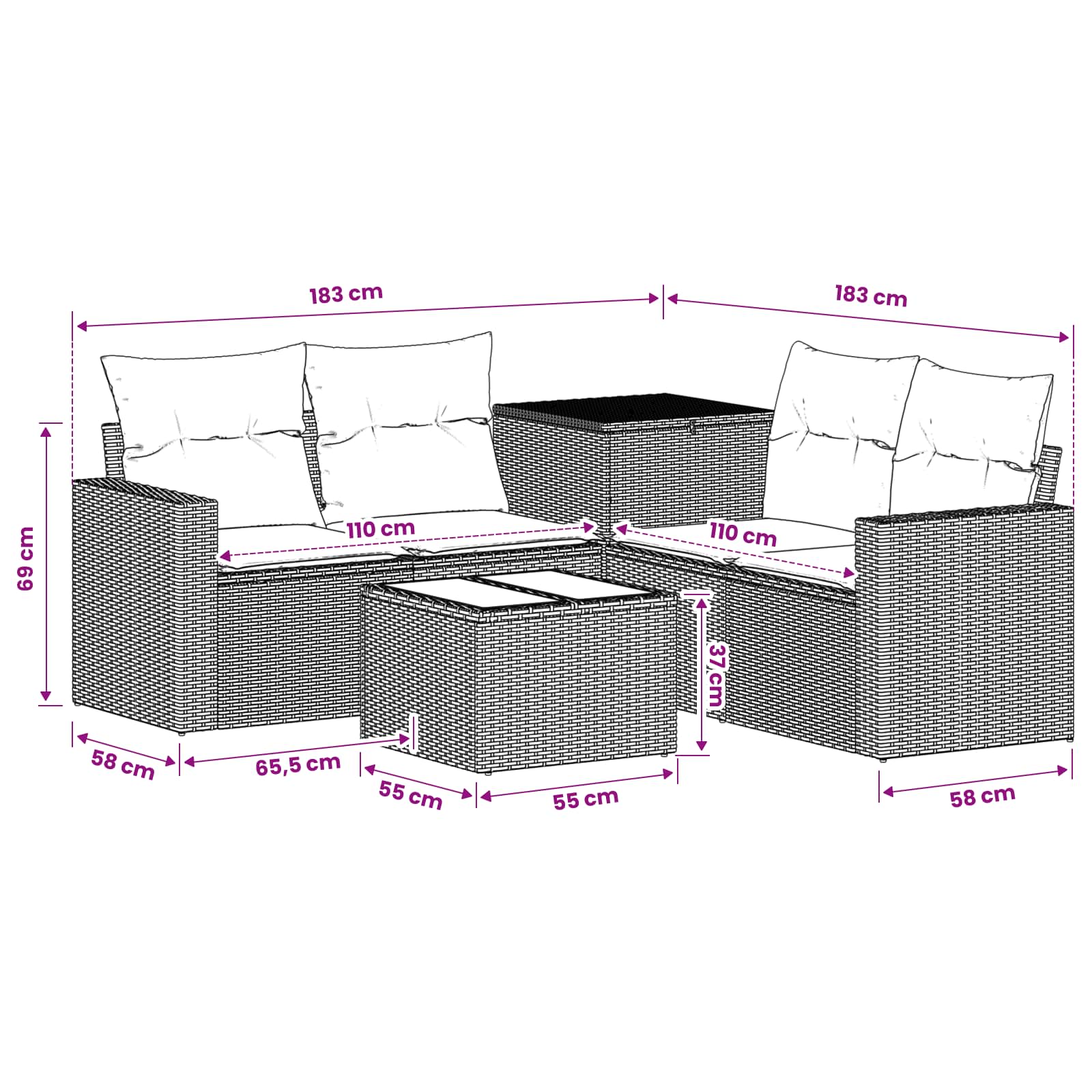 vidaXL Bankstel 6 st Bruin en Rood Poly Rattan en Staal