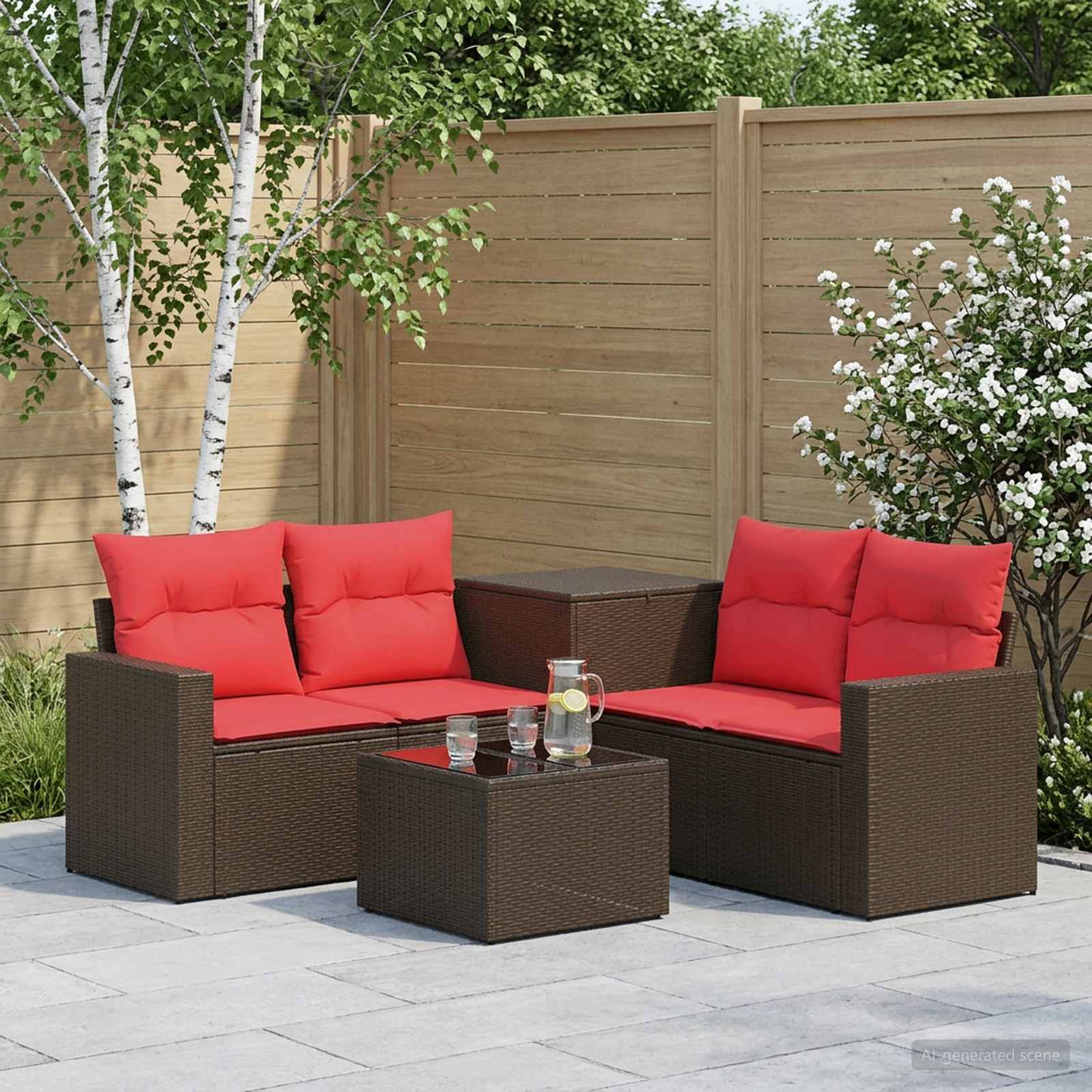 vidaXL Bankstel 6 st Bruin en Rood Poly Rattan en Staal