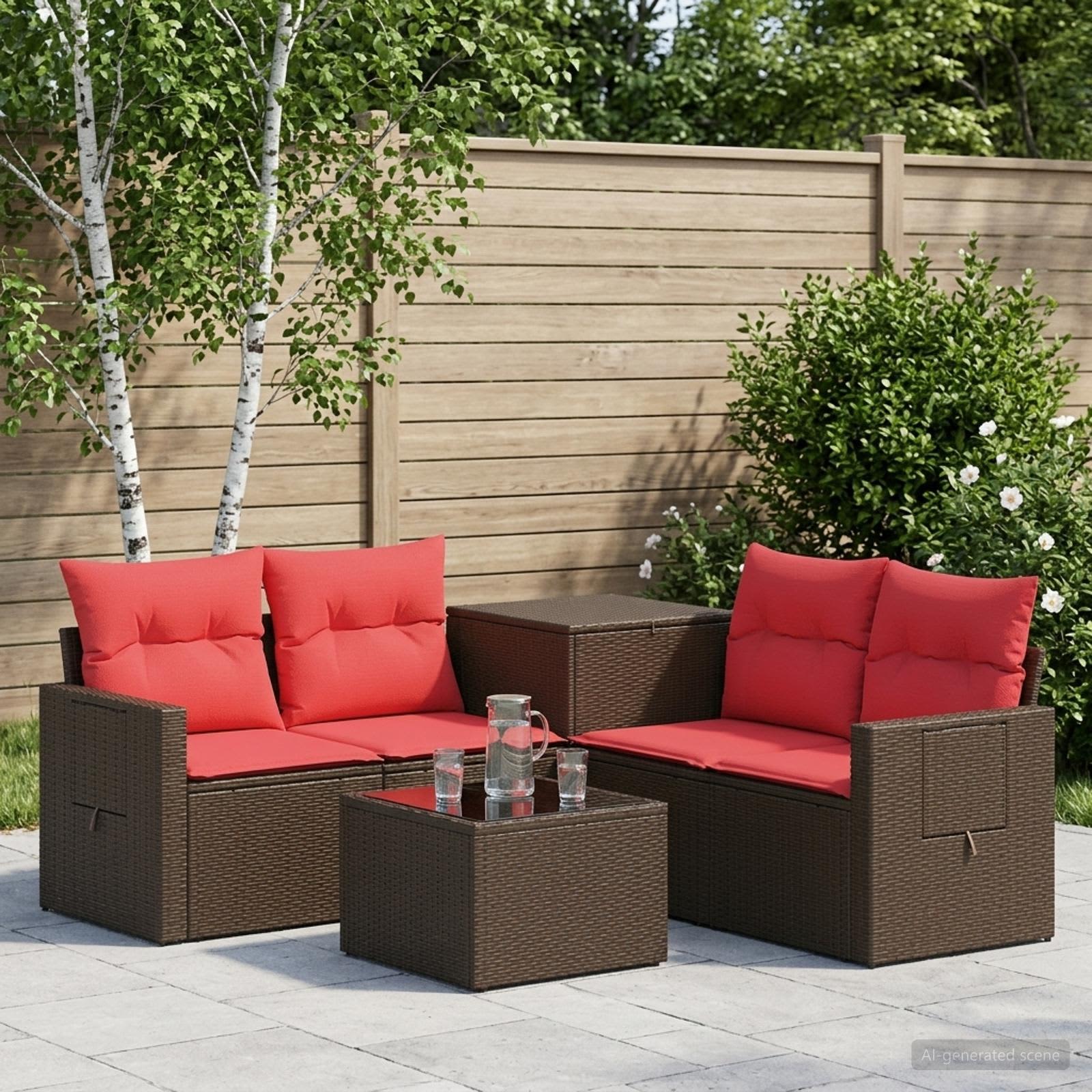 vidaXL Bankstel 6 st Bruin en Rood Poly Rattan en Staal