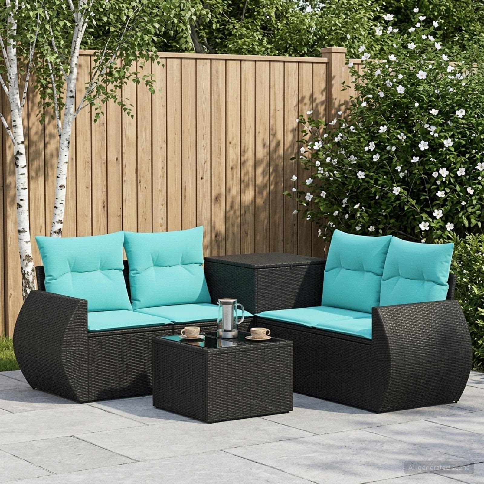 vidaXL Bankstel 6 st Zwart en Blauw Poly Rattan en Staal
