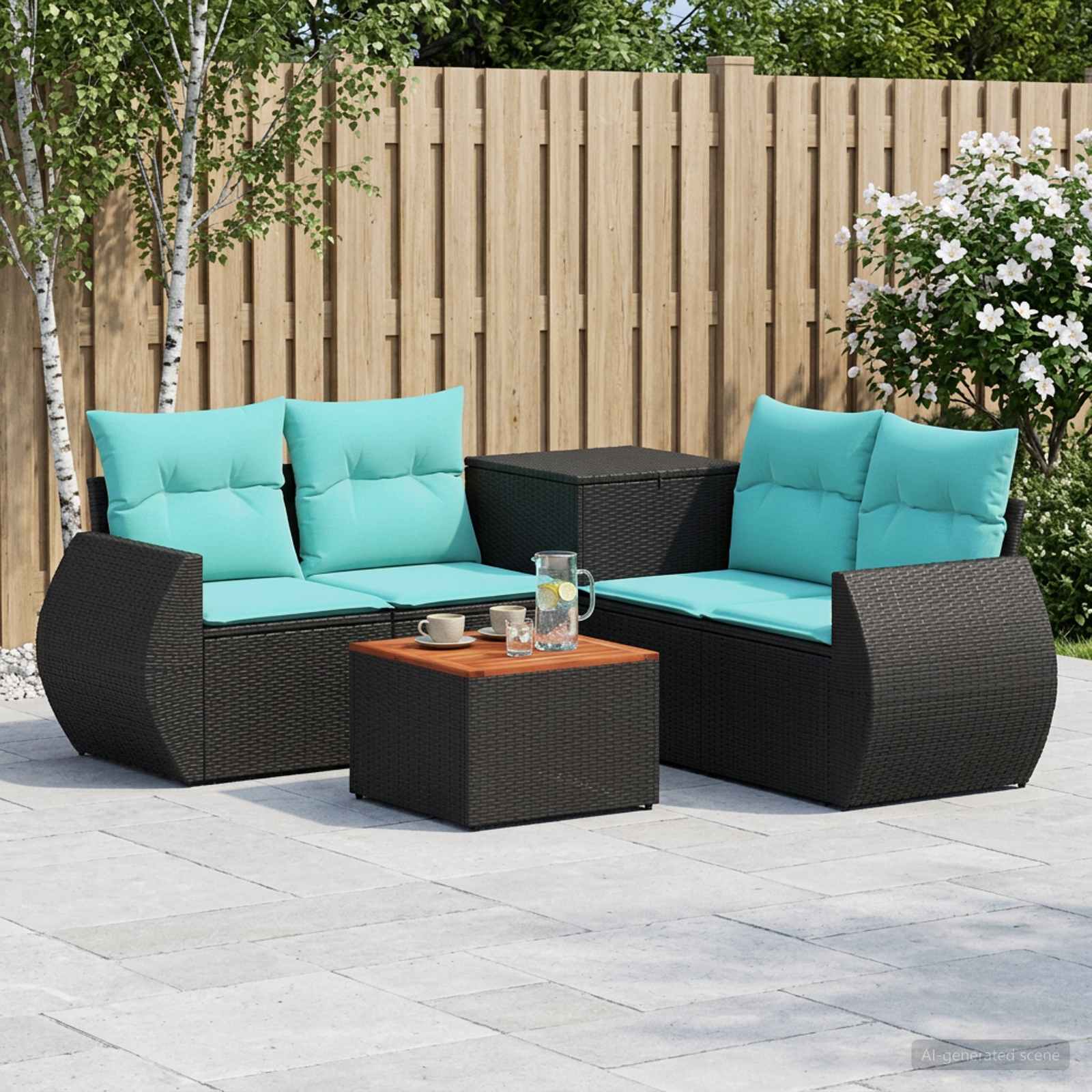 vidaXL Bankstel 6 st Zwart en Blauw Poly Rattan en Staal