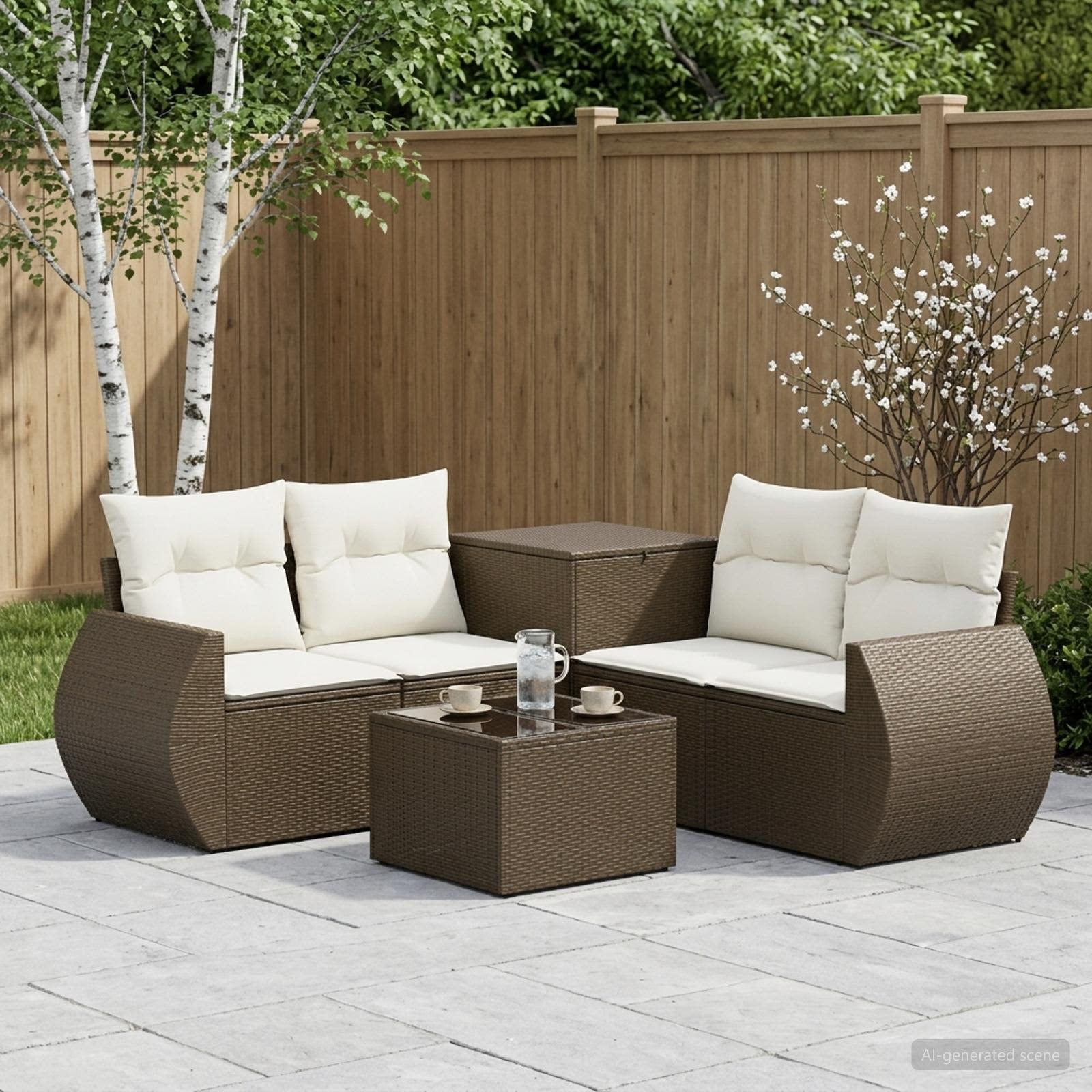 vidaXL Bankstel 6 st Bruin en Crème Wit Poly Rattan en Staal