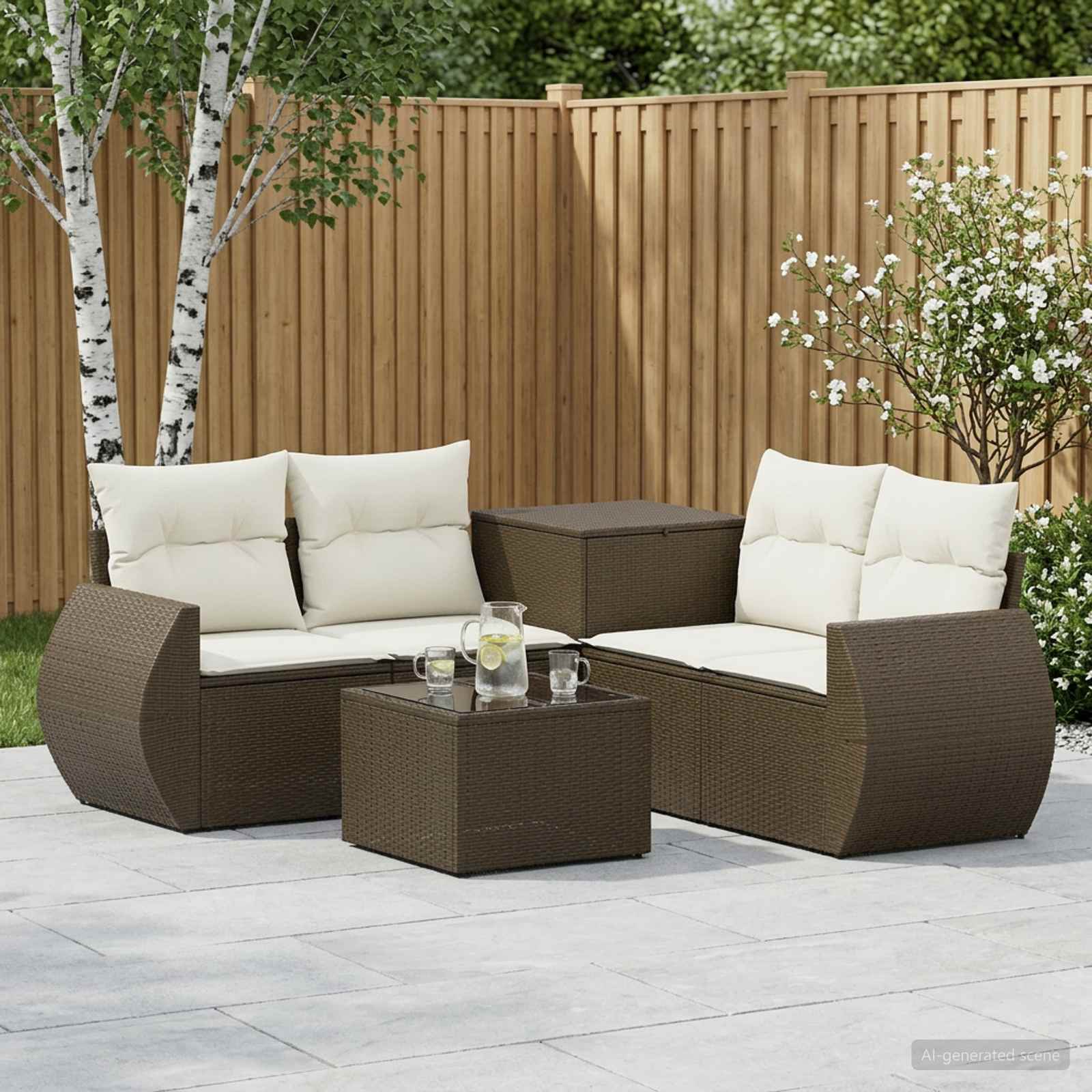 vidaXL Bankstel 6 st Bruin en Crème Wit Poly Rattan en Staal