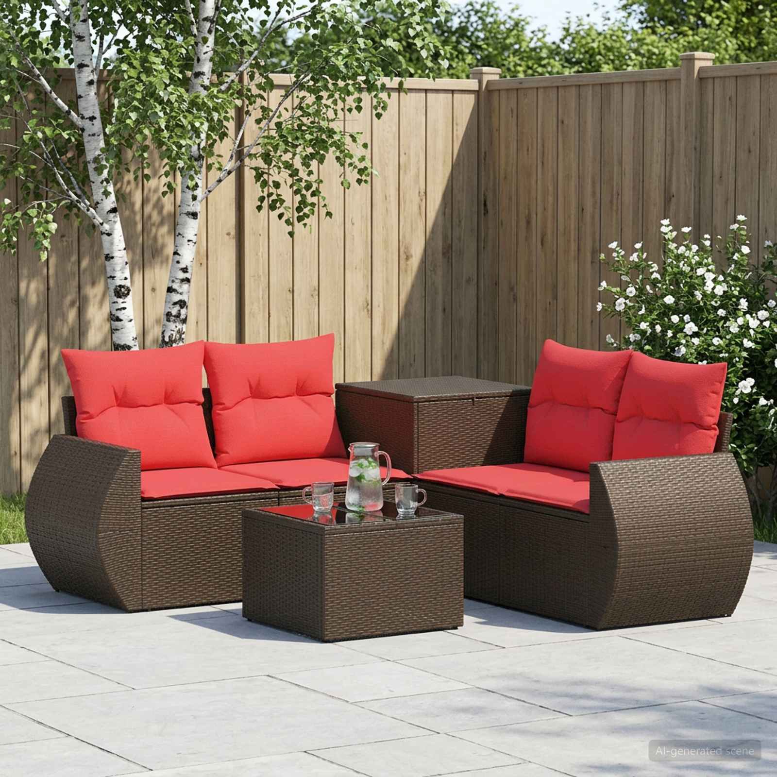 vidaXL Bankstel 6 st Bruin en Rood Poly Rattan en Staal