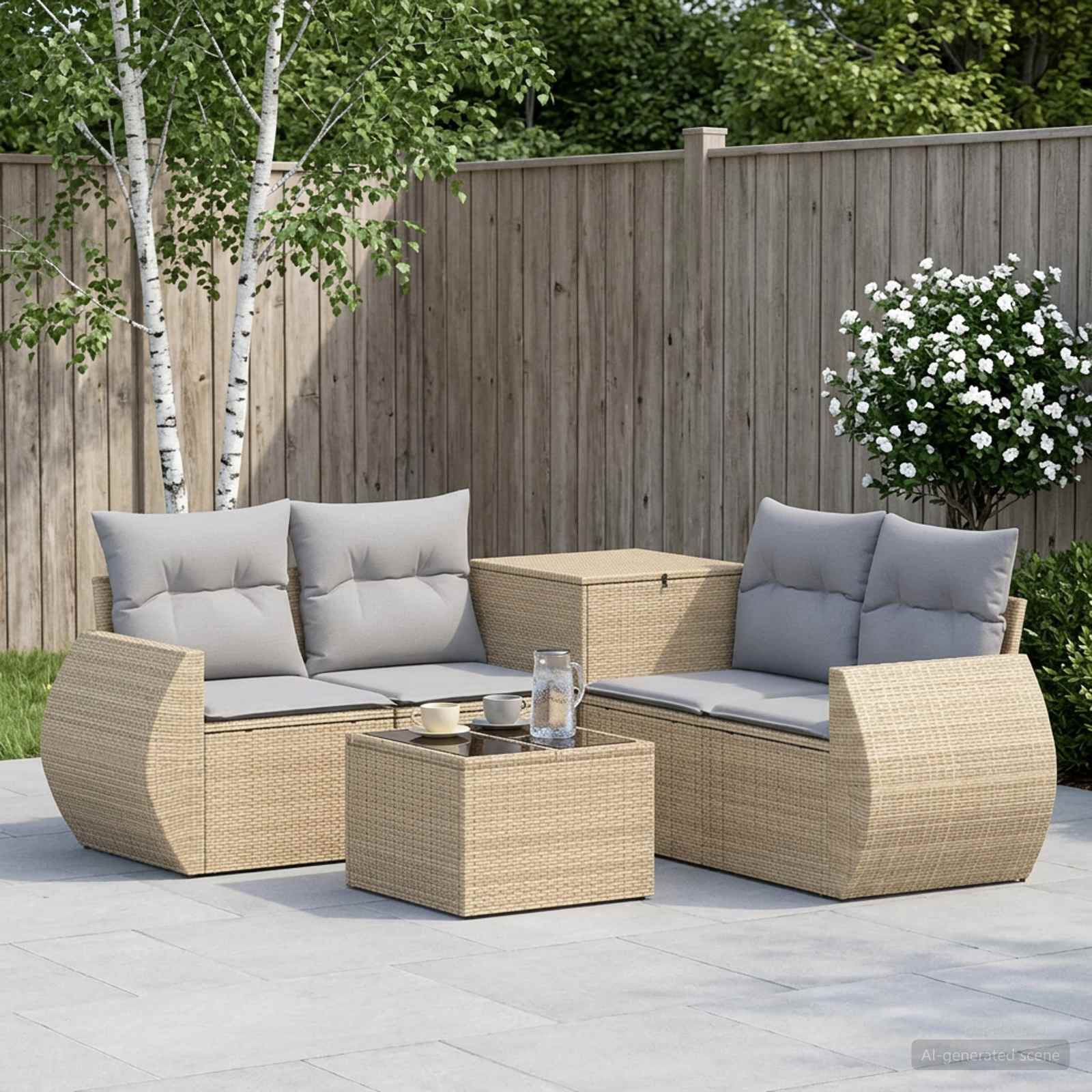Havesofasæt i polyrattan med opbevaringsboks - beige og lys grå