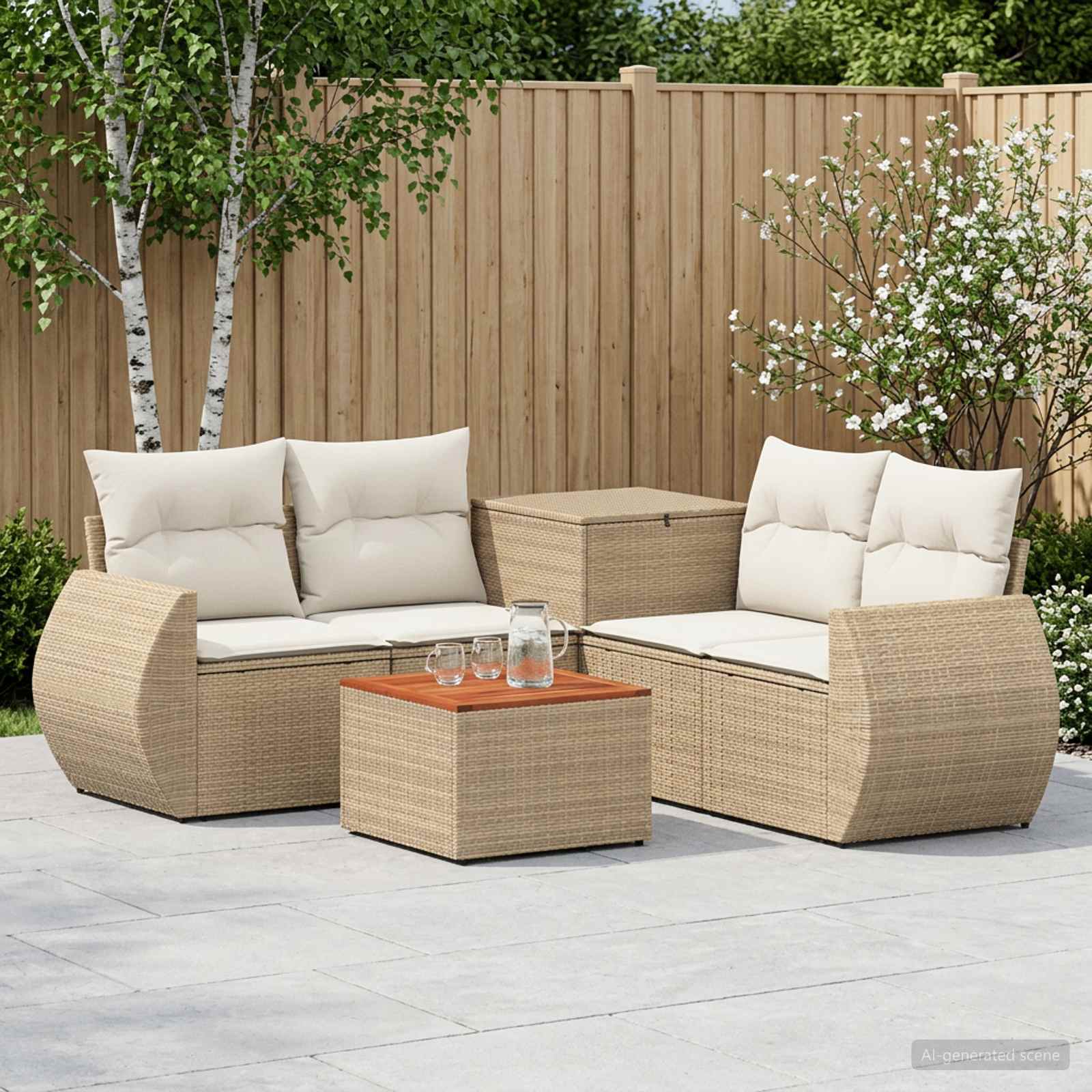 Havemøbelsæt 6 stk. i beige og cremehvid polyrattan og stål