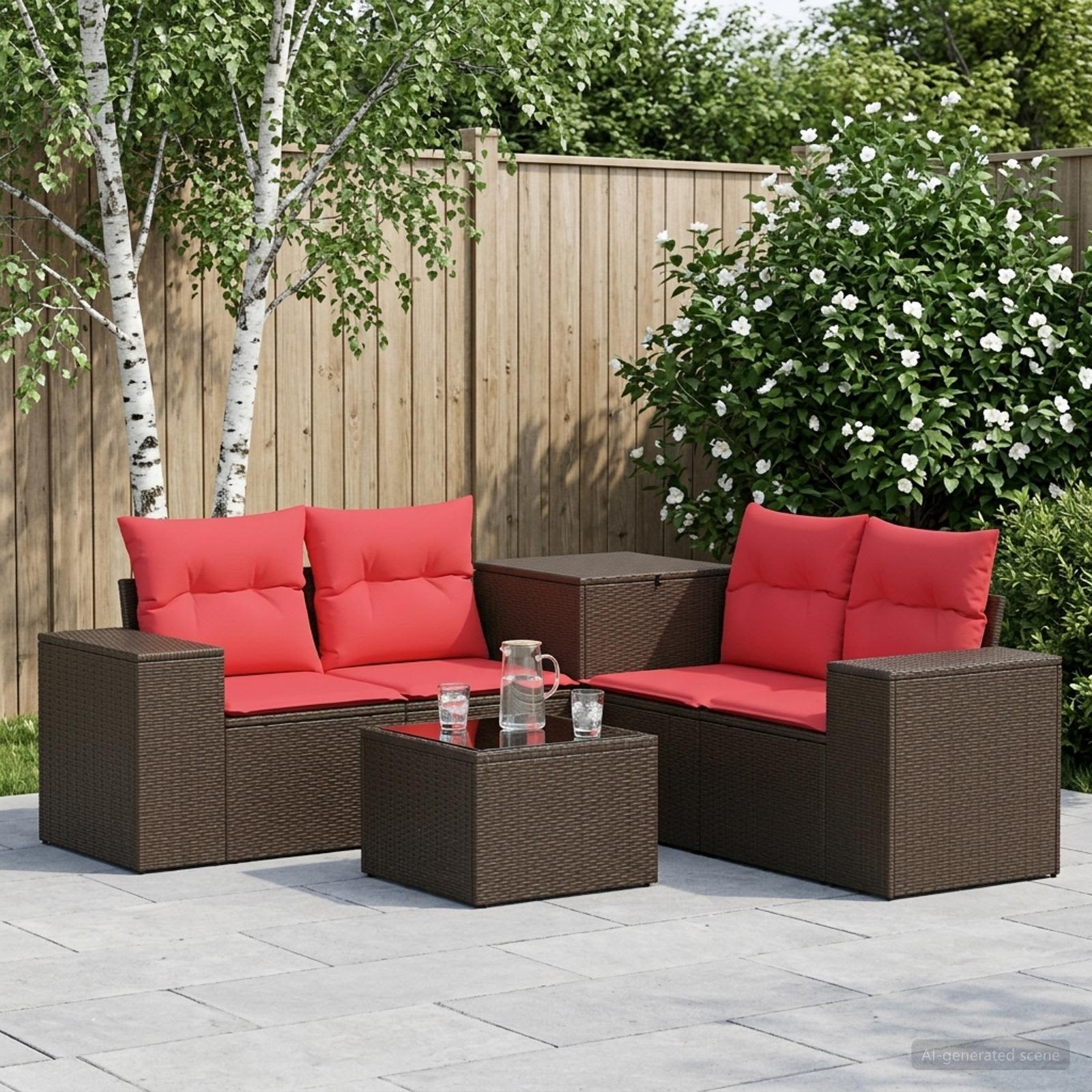 vidaXL Bankstel 6 st Bruin en Rood Poly Rattan en Staal