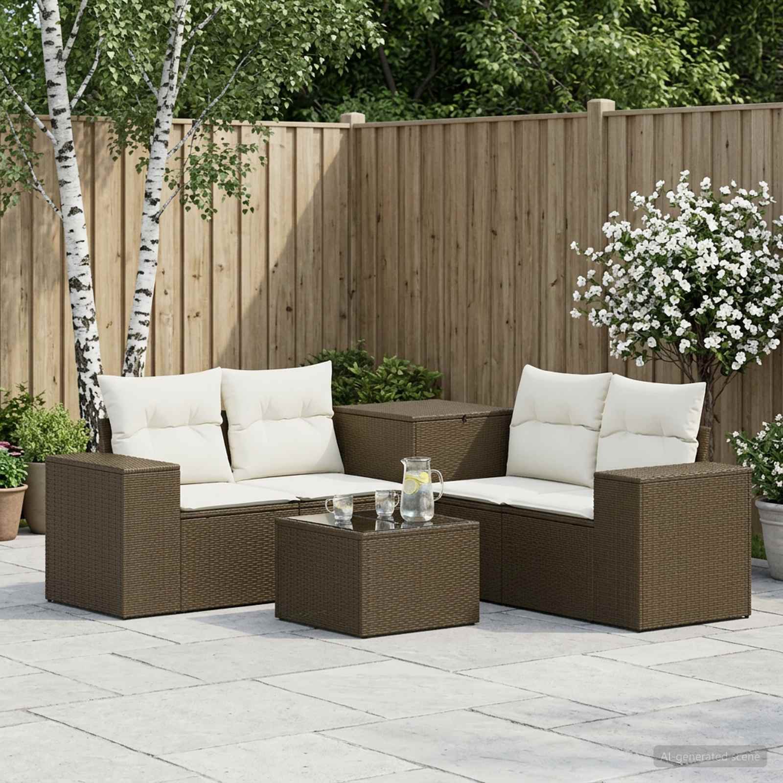 vidaXL Bankstel 6 st Bruin en Crème Wit Poly Rattan en Staal