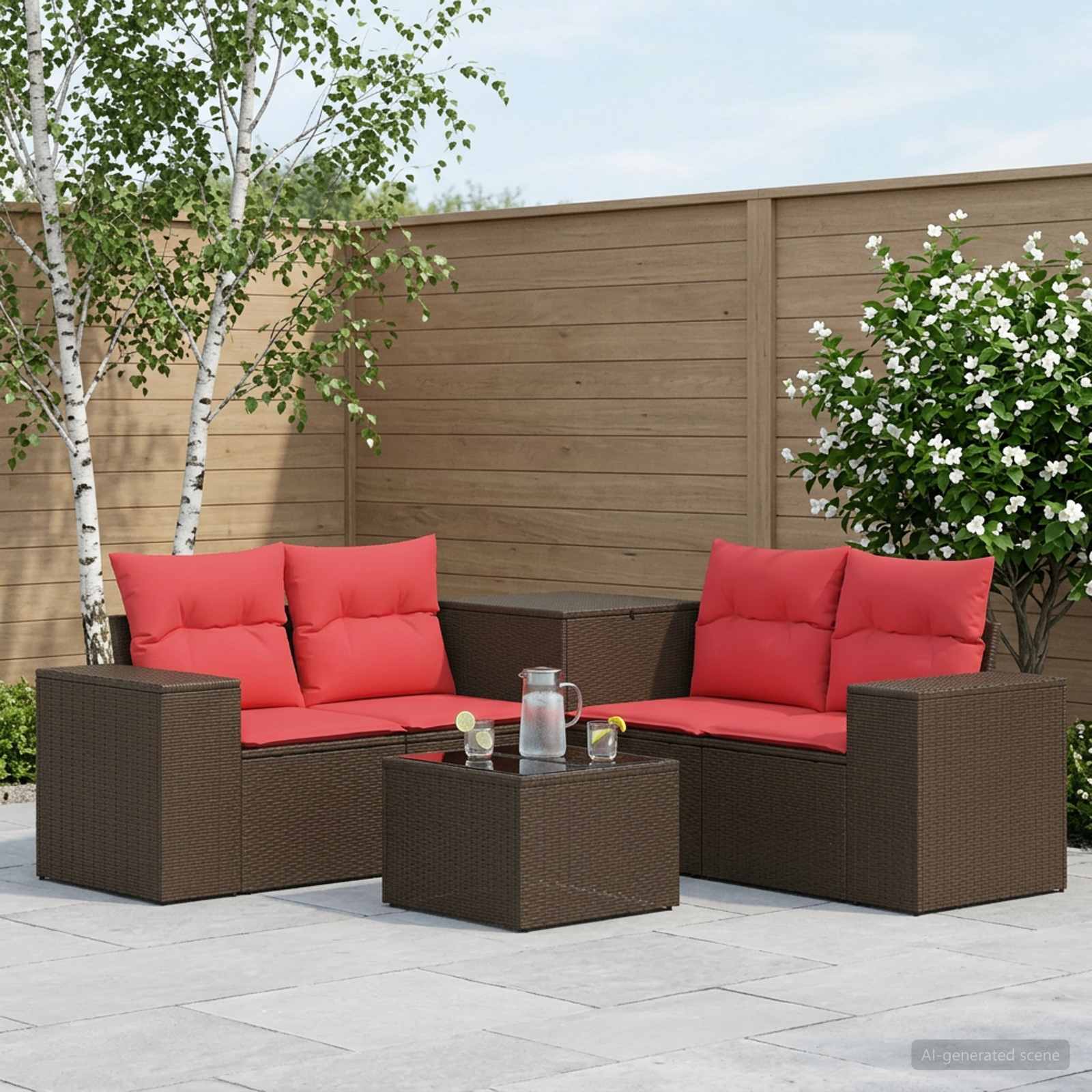 vidaXL Bankstel 6 st Bruin en Rood Poly Rattan en Staal