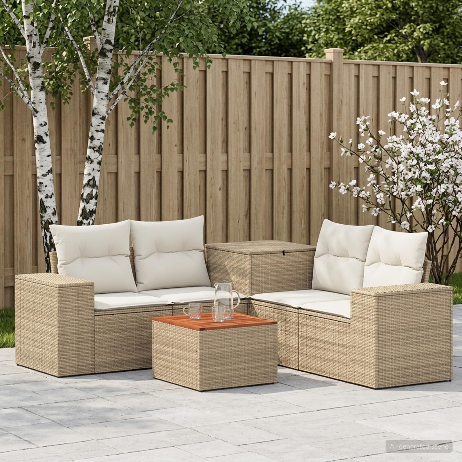 Udendørs sofasæt i polyrattan - beige og cremehvid, 6 dele