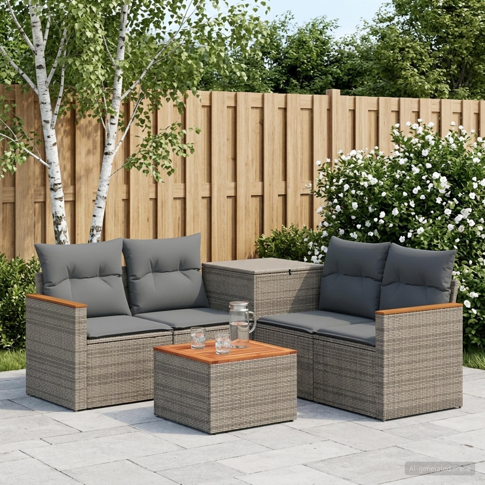 Sofa sæt 6 stk. til have og terrasse i grå og mørkegrå poly rattan og stål