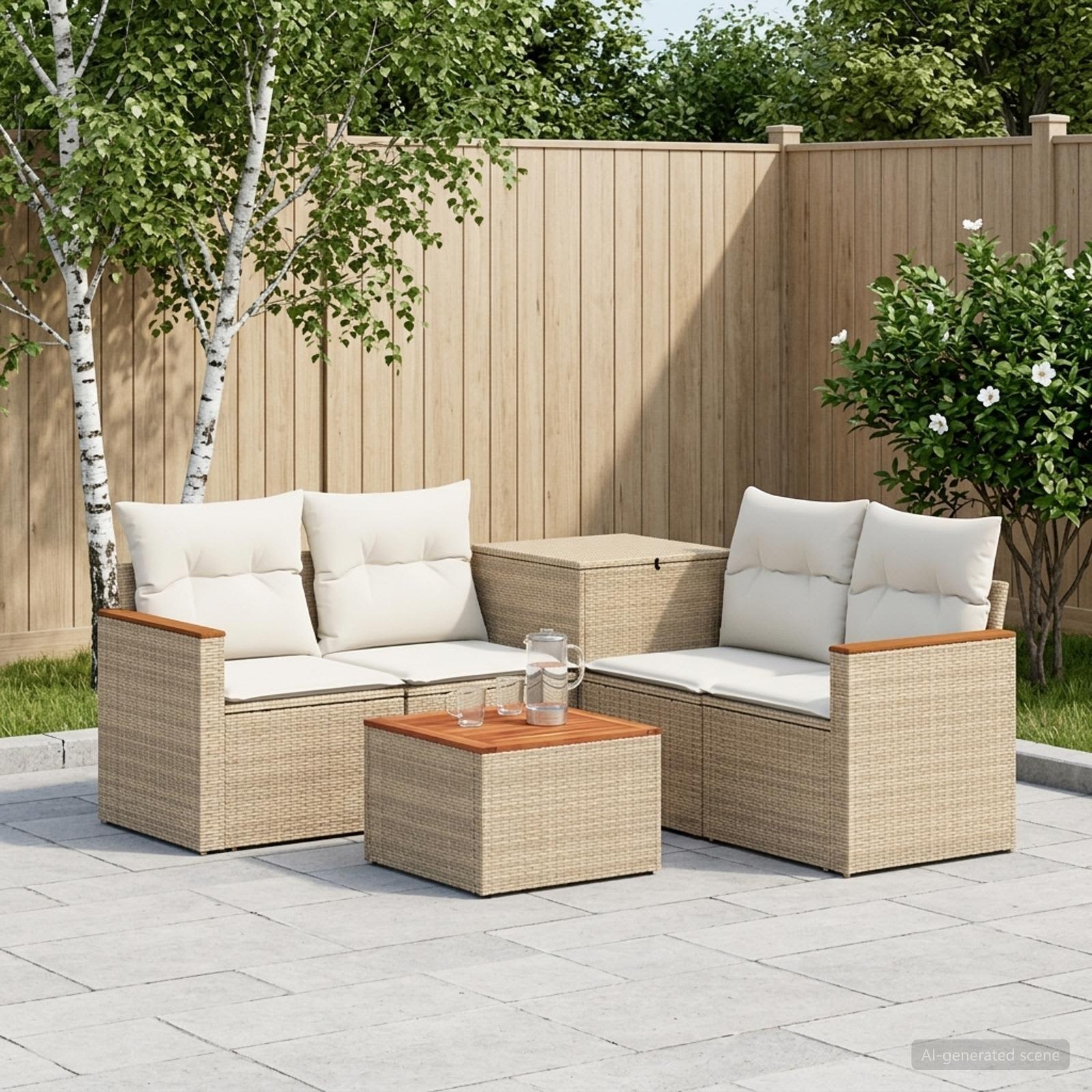 Sofa sæt 6 stk. til have og terrasse i beige og cremehvid poly rattan og stål