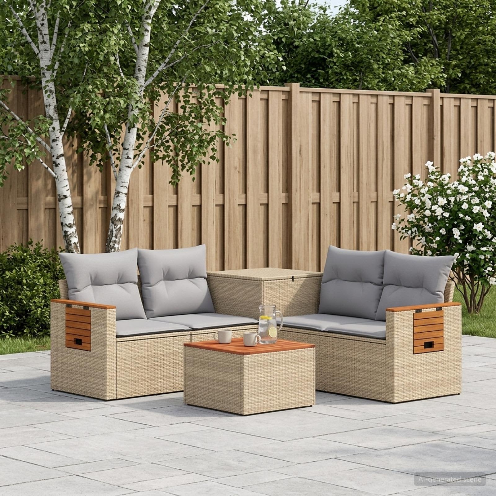 Sofa sæt 6 stk. til have beige og lys grå i poly rattan og stål