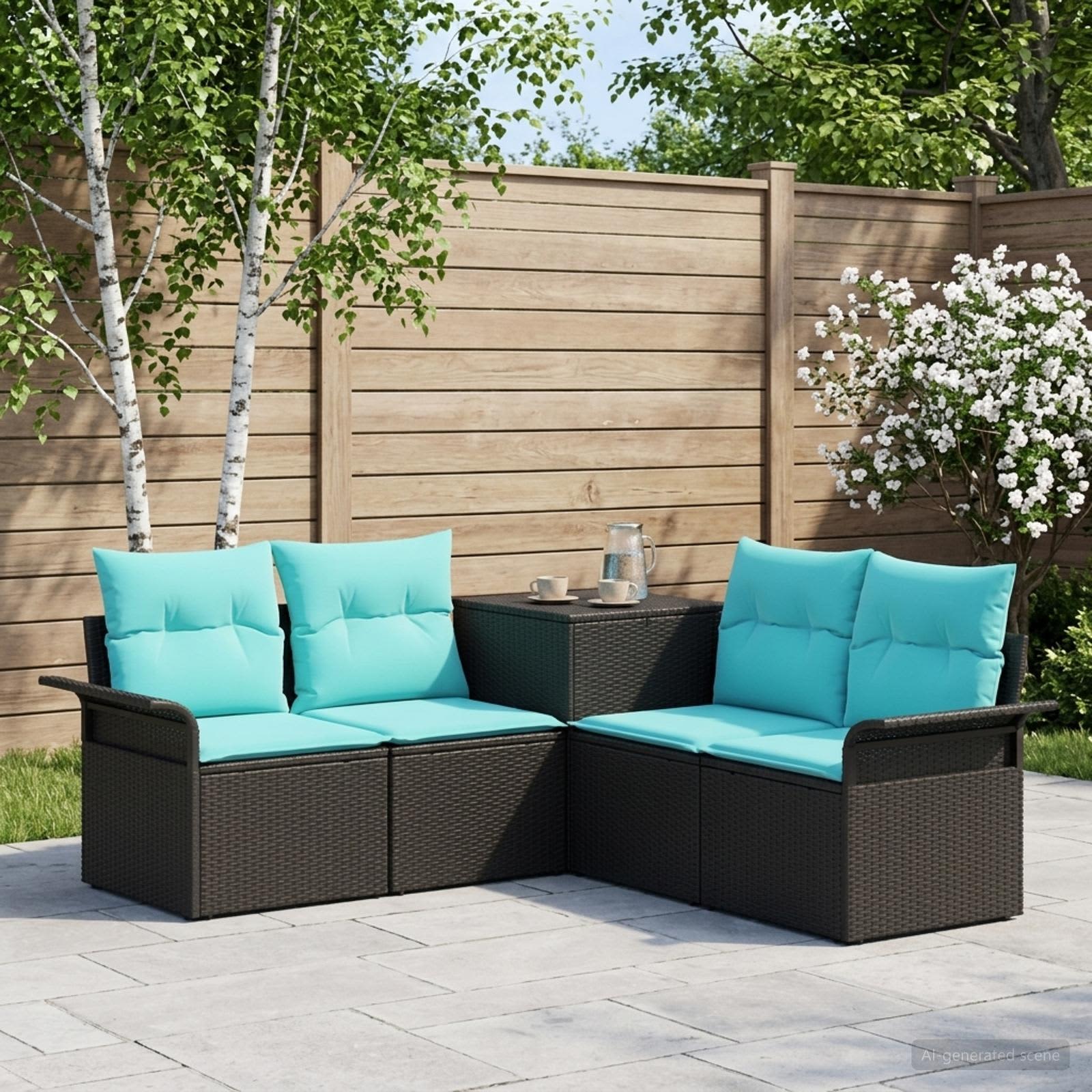 vidaXL Bankstel 5 st Zwart en Blauw Poly Rattan en Staal