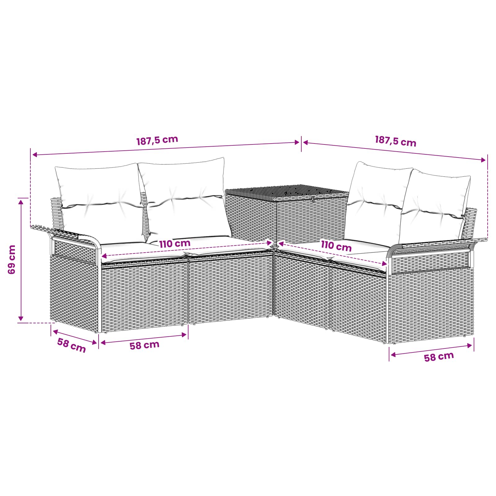vidaXL Bankstel 5 st Zwart en Blauw Poly Rattan en Staal