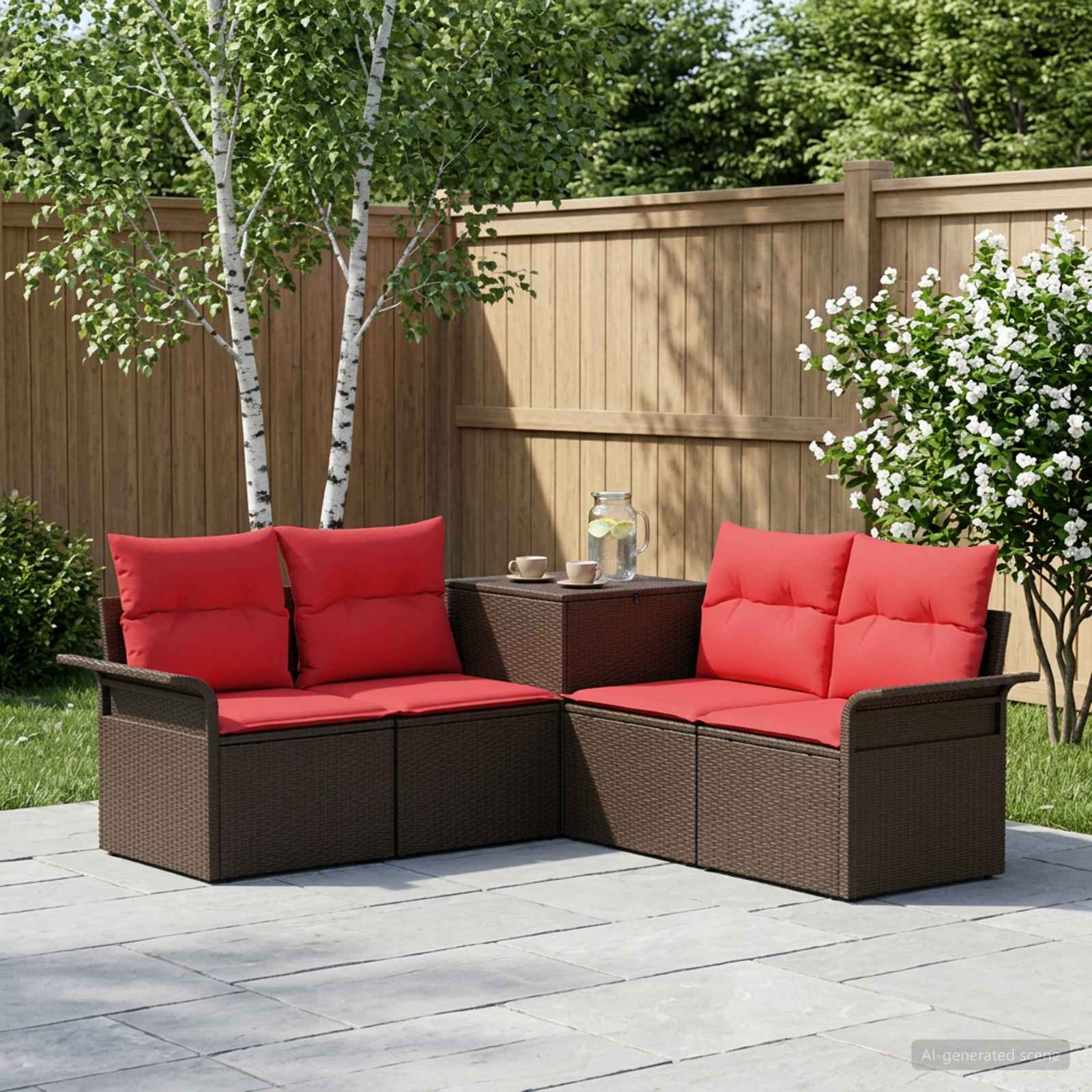 vidaXL Bankstel 5 st Bruin en Rood Poly Rattan en Staal
