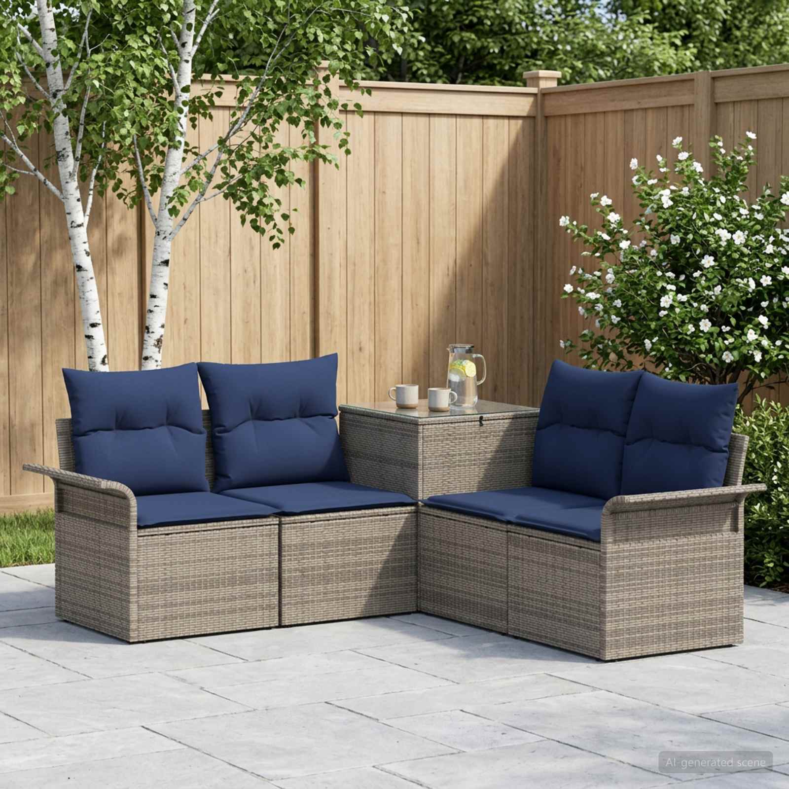 vidaXL Bankstel 5 st Grijs en Marineblauw Poly Rattan en Staal