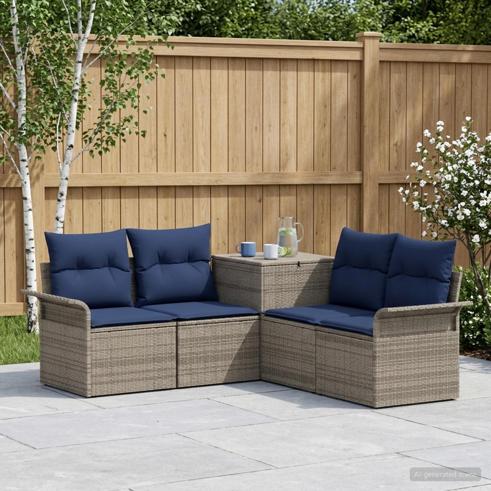 vidaXL Bankstel 5 st Grijs en Marineblauw Poly Rattan en Staal