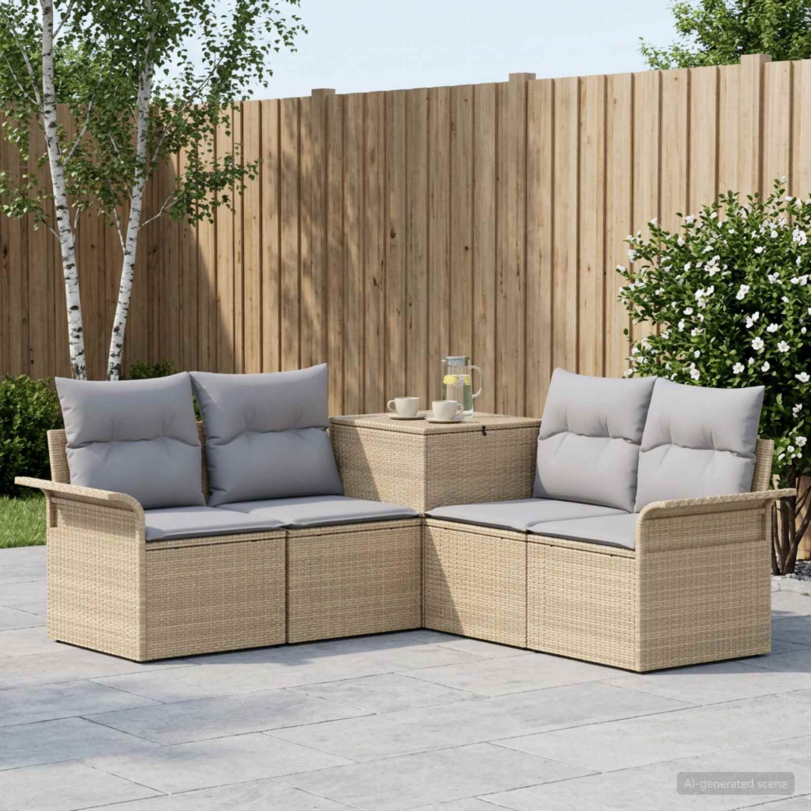 Sofa sæt 5 stk. til have og terrasse i beige og lys grå poly rattan og stål