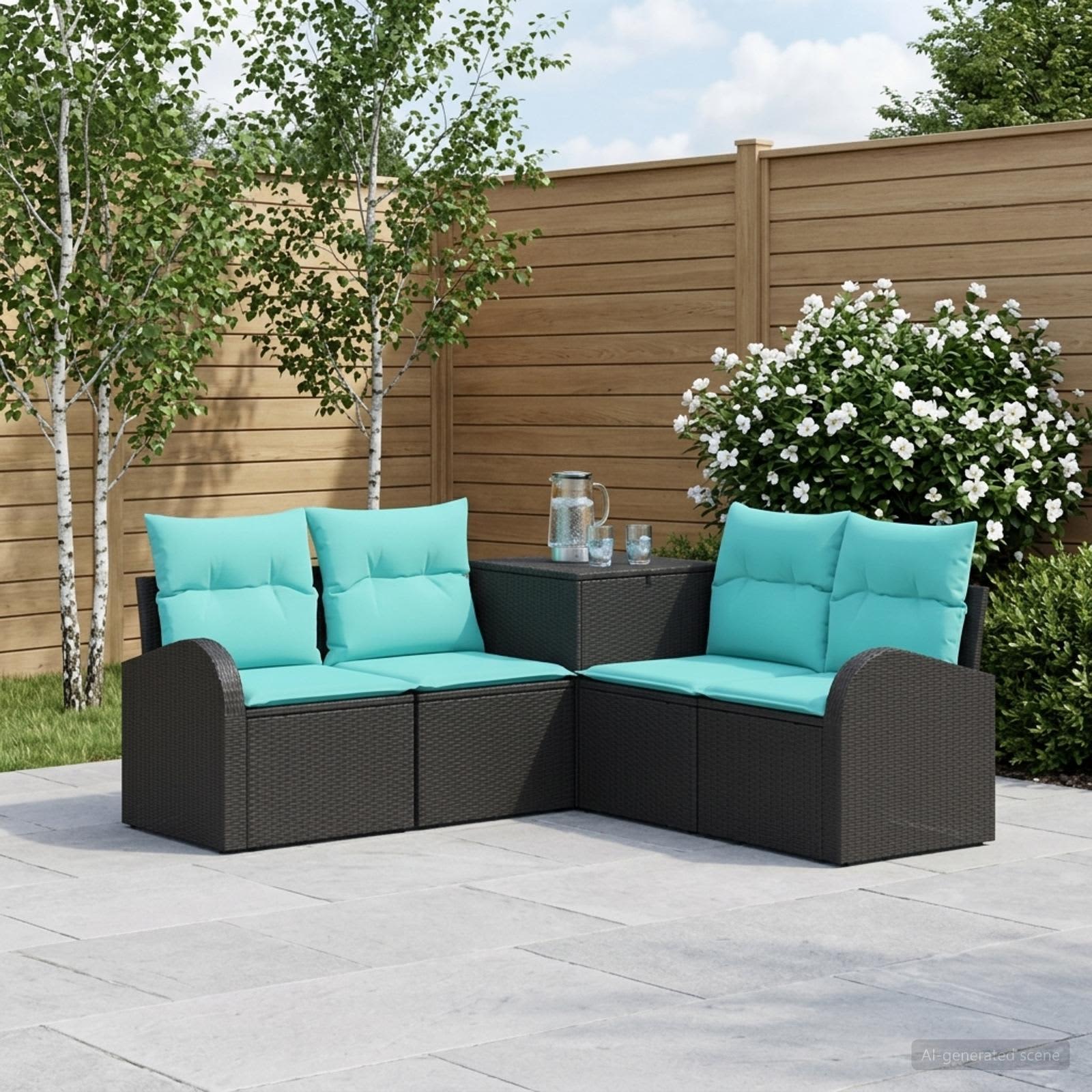 vidaXL Bankstel 5 st Zwart en Blauw Poly Rattan en Staal